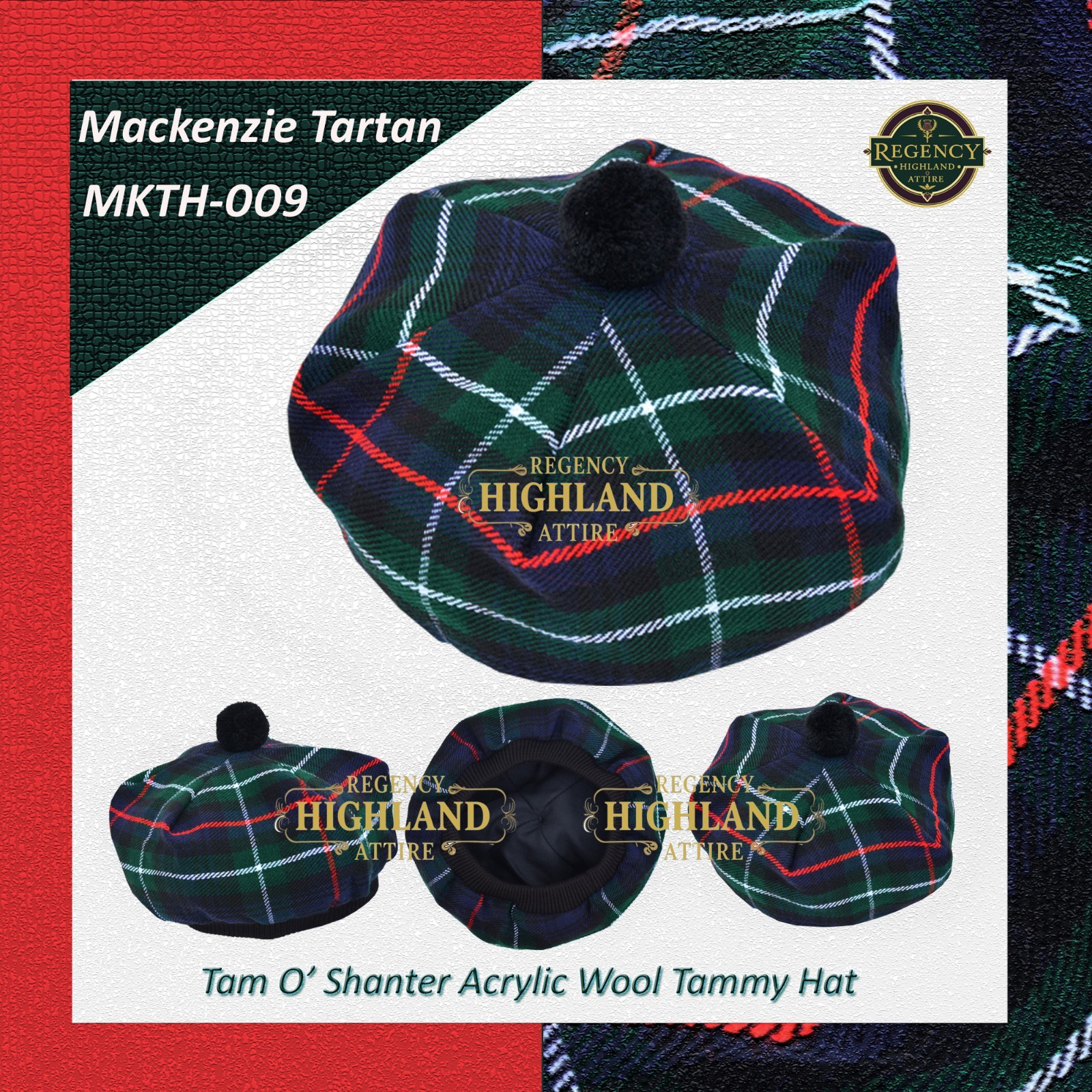 Unisex Great Scottish Highland Tam O Shanter Hat Made of Acrylic Wool Tartan.