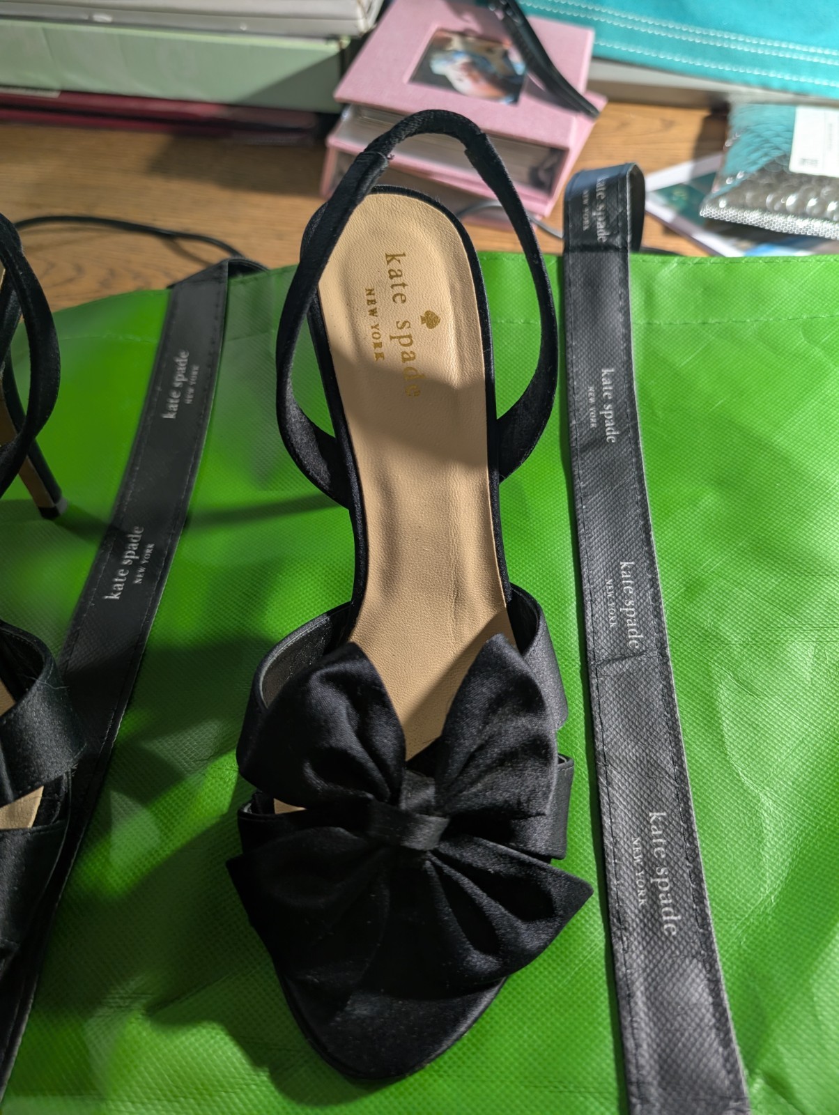 Kate Spade Satin Bow Detail Heels with Dark Green Re-usable Tote Bag