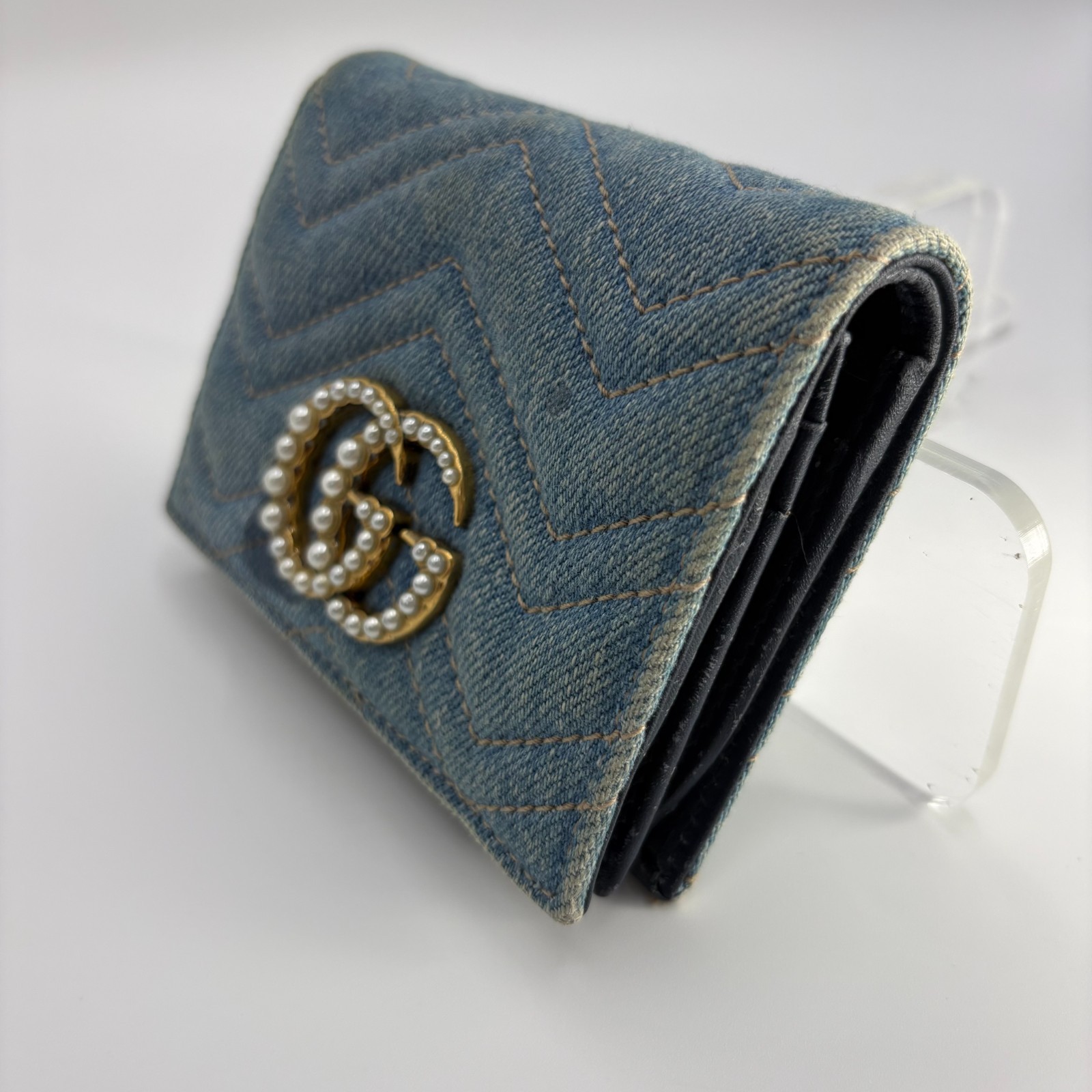 Gucci GG Marmont Wallet Denim Pearl Studs Compact Trifold Blue Leather Auth