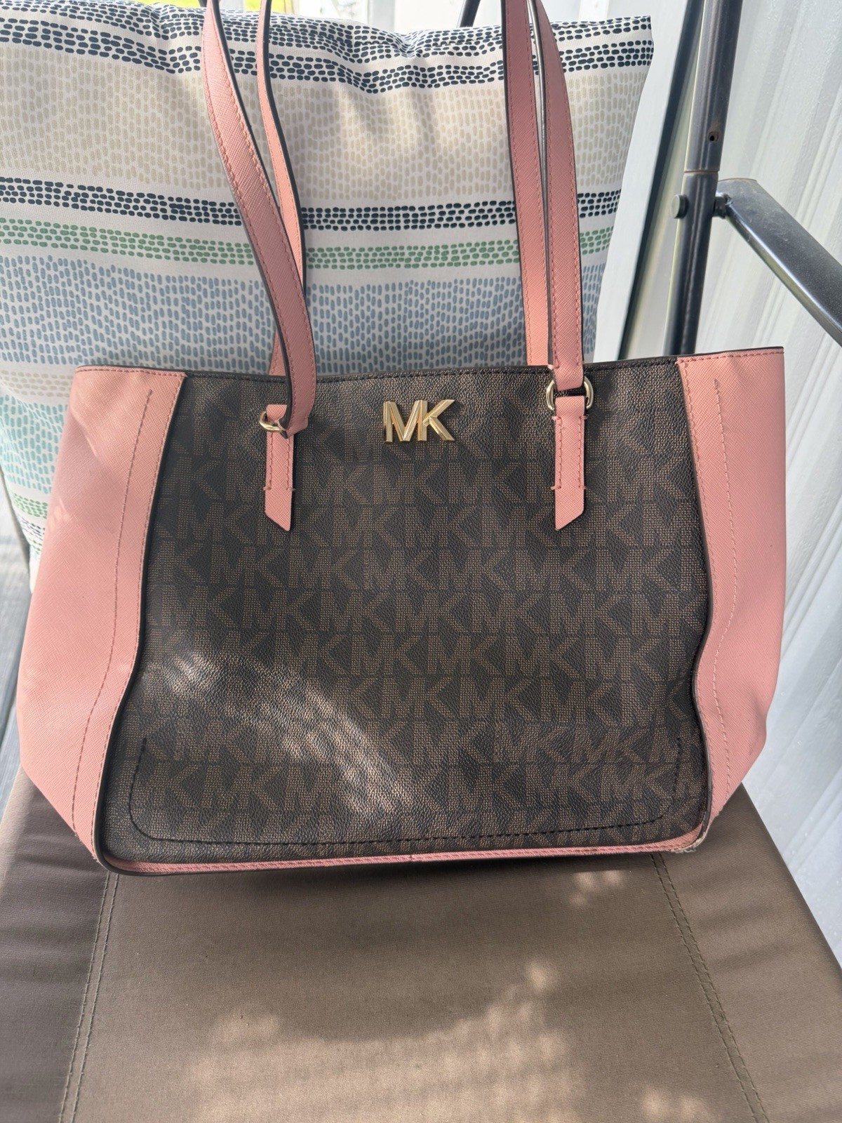 Michael Kors Brown Logo Tote Shoulder Bag, Pink Trim, Gold Hardware, Double