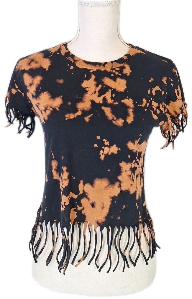 ON FIRE SzM Custom Reverse Bleach Tie-Dye Fringed Trim Casual Top Black & Brown