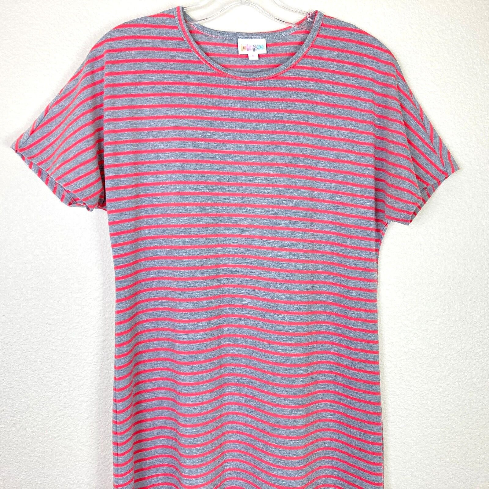 LULAROE Form Fitting T-Shirt Dress Size S Tall Gray Pink Stretch Hi-Low Hem