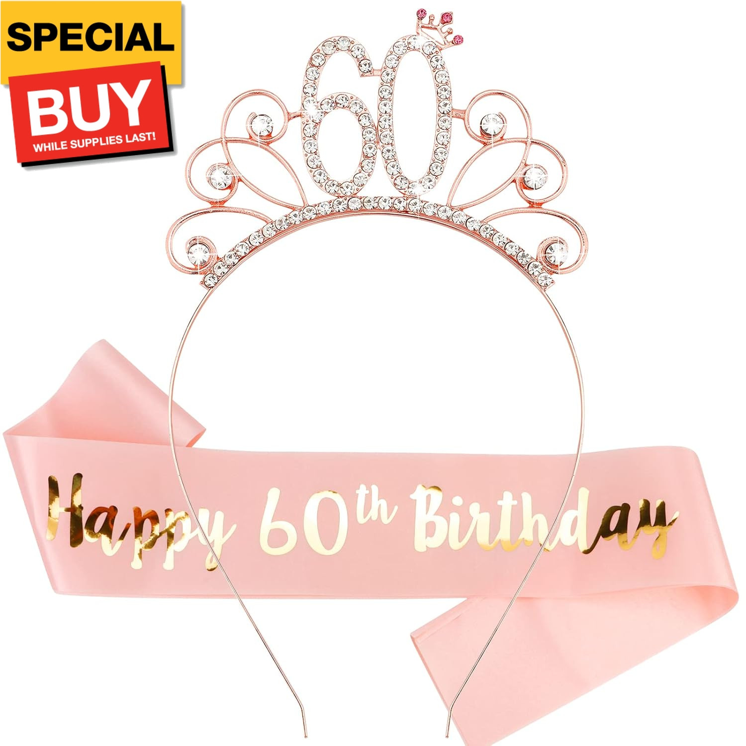 60th Birthday Sash and Tiara for Women, Rose Gold Birthday Sash and Crown Set, 6