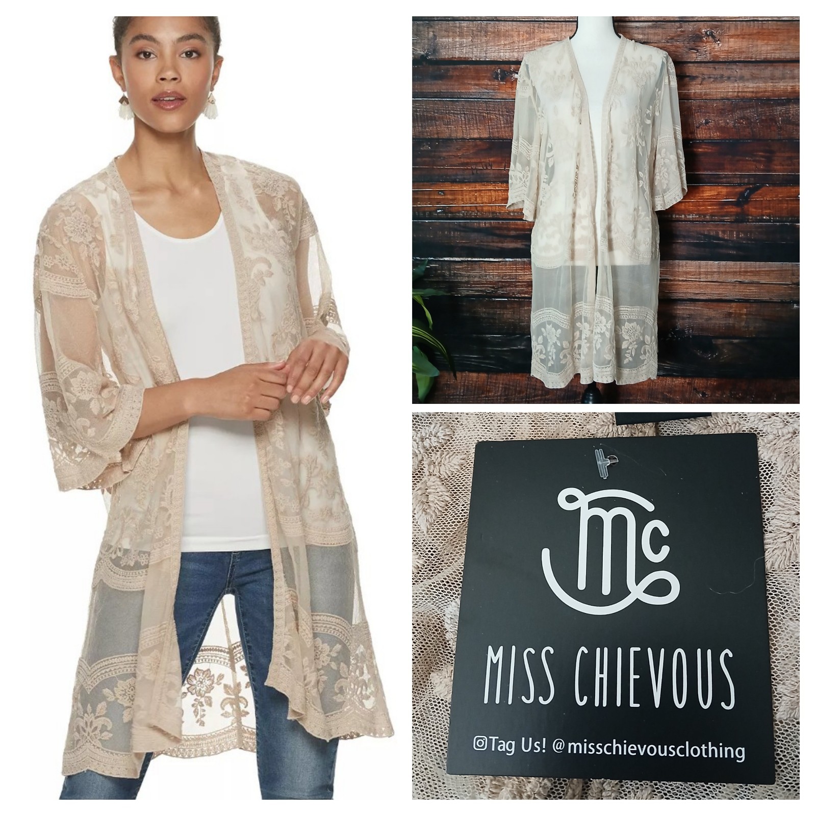 Miss Chievous S M Sheer Embroidered Lace Mesh Kimono Cardigan Top Doeskin NWT