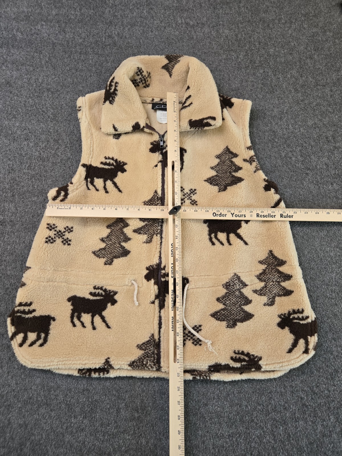 CDS Vtg 90s Cabincore Full Zip Sherpa Fleece Vest Womans Sz Lg Brown Moose Trees