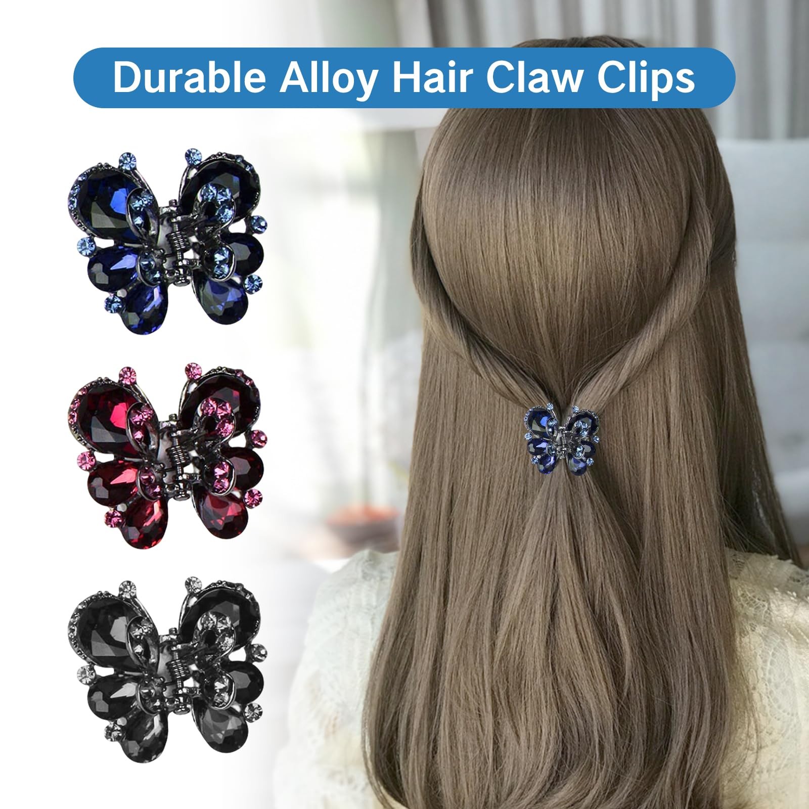 KMYZQDV 3Pcs Rhinestone Butterfly Hair Clips Mini Claw Clip for Assorted