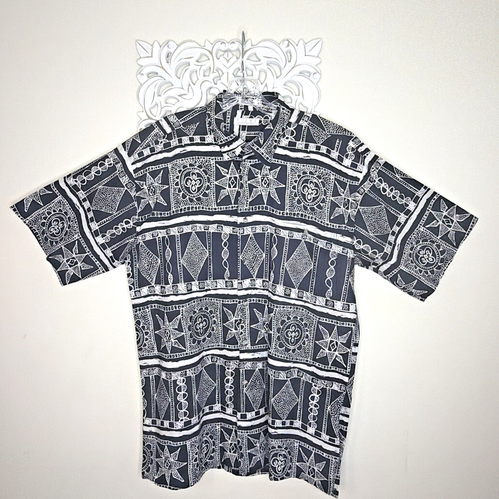 BURMA BIBAS Men’s L Camp SHIRT 60 Singles Lawn Cotton Button Pocket BLACK EUC