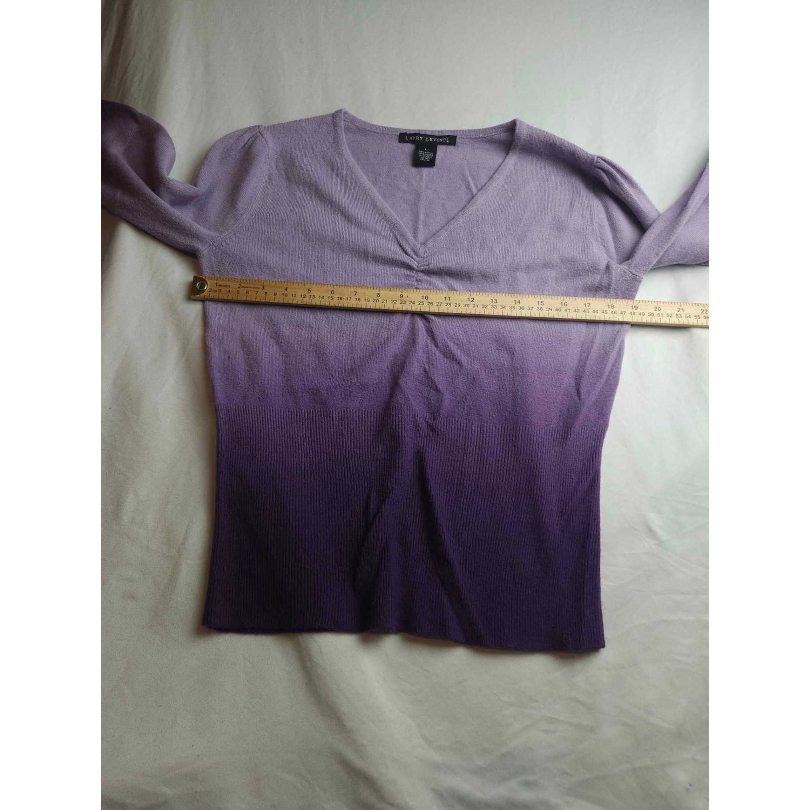 Larry Levine Purple Ombre V-Neck Sweater Long Sleeve Knit Top Size L Womens