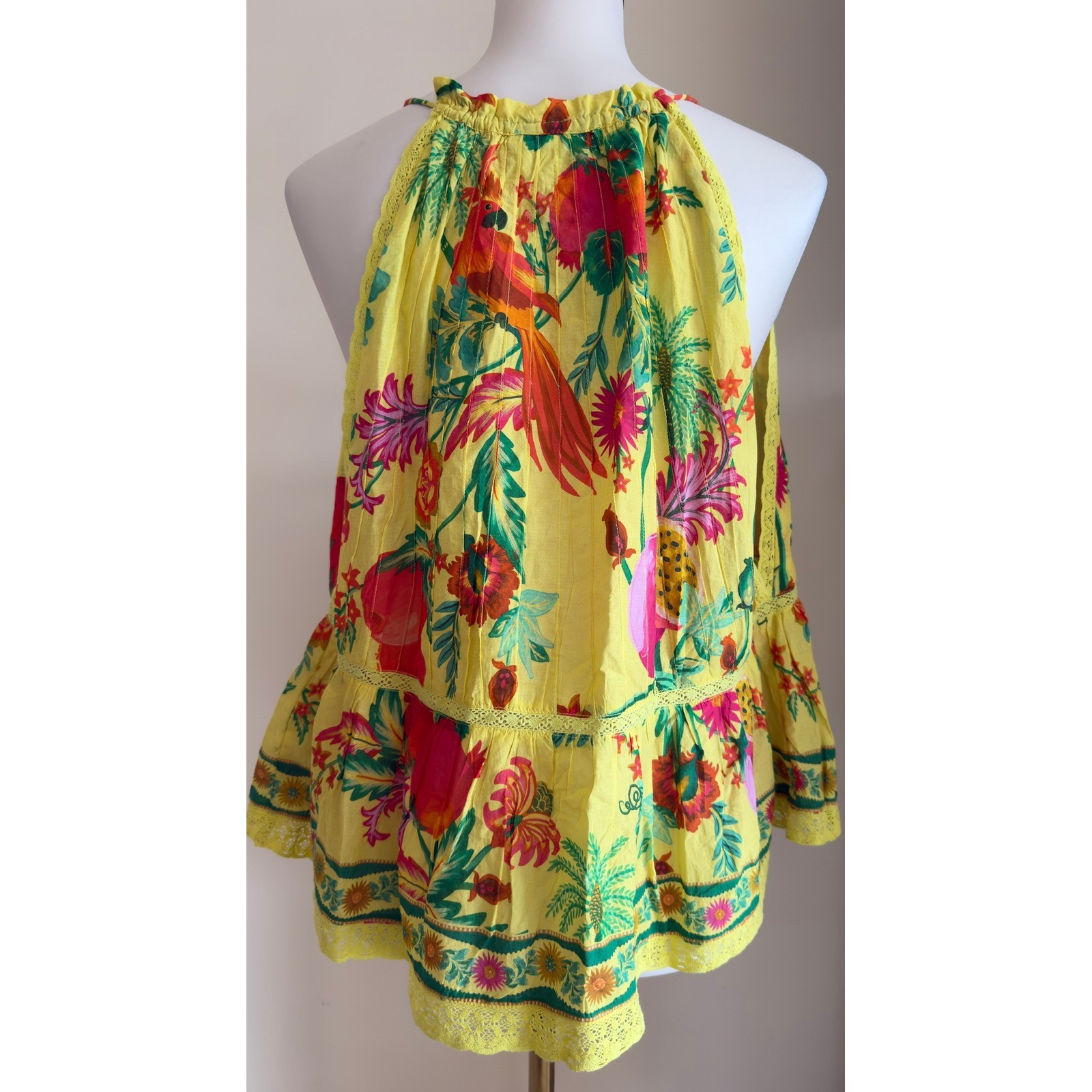 NWOT Farm Rio Yellow Tropical Fruit Print Halter Top Lace Trim Peplum Size XL