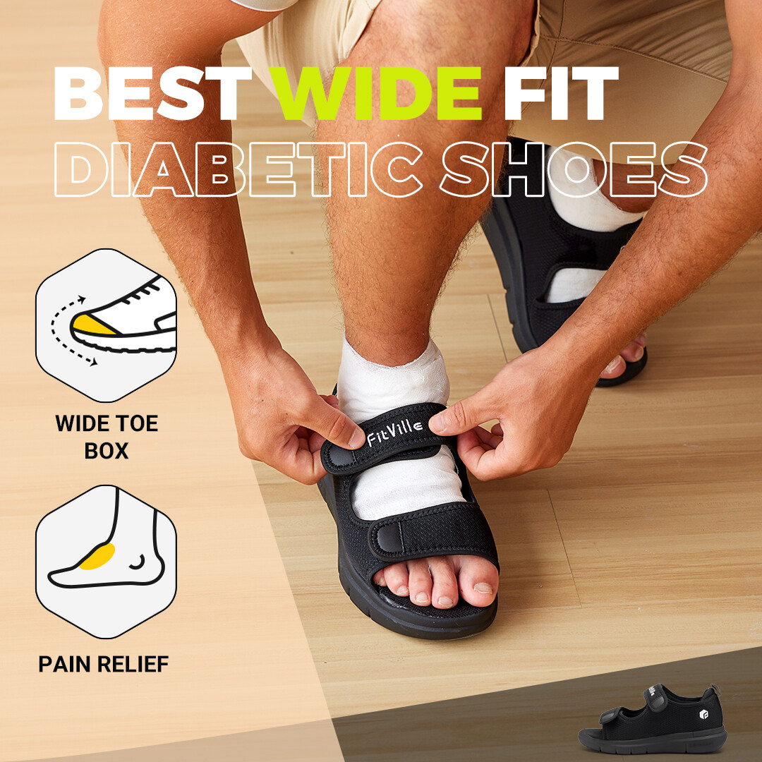 FitVille Men Diabetic Sandals Wide Width Edema Shoes w/ Adjustable Strap Slipper