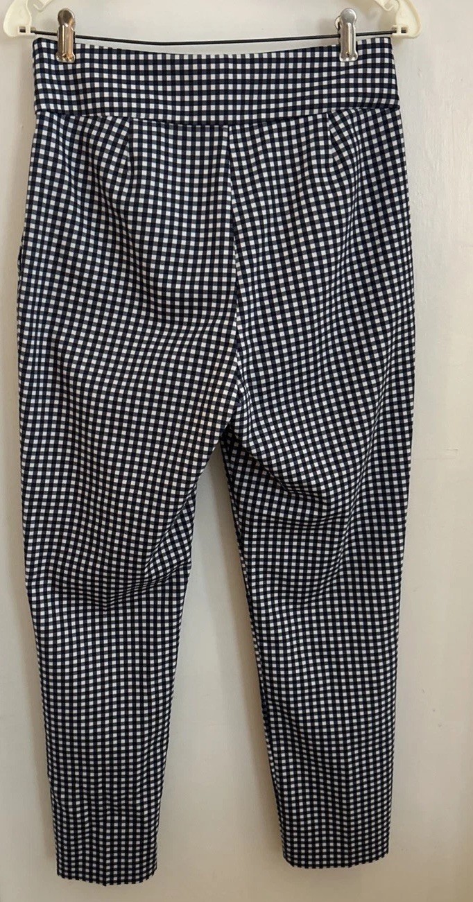 Zara Dress Pants Womens Blue White Gingham Stretch Sz 8 Slim Skinny