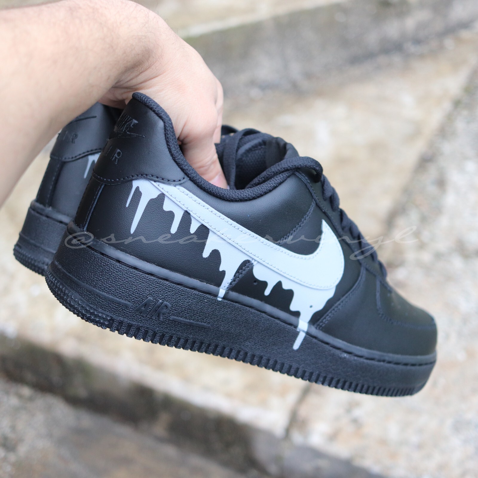 Custom Nike Air Force 1 Black & Grey Concrete Paint Drip Customized Sneakers