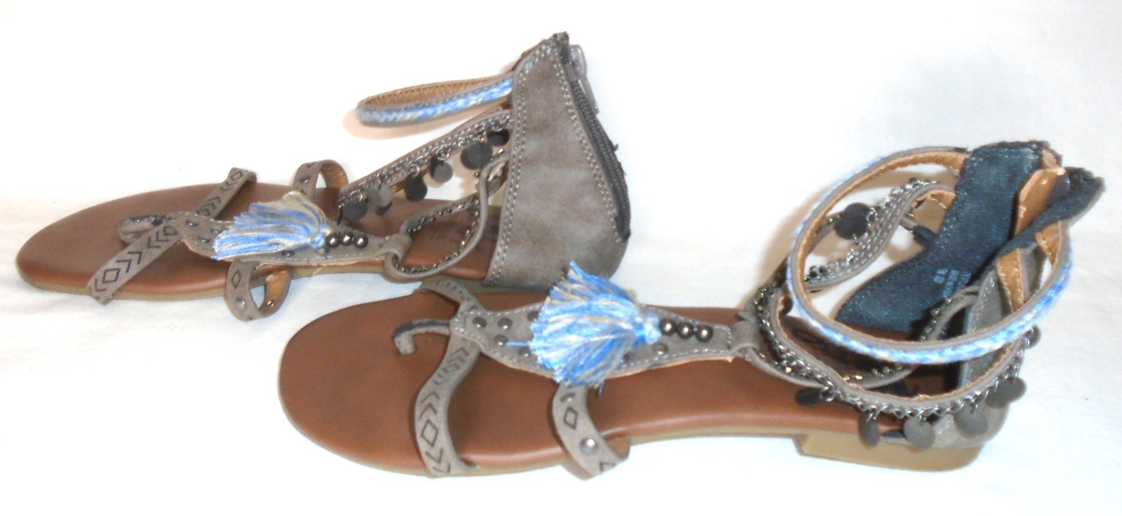 JellyPop Studded Gladiator Sandals, Strap/Chain/Tassels Accent, Boho, Sz 7 M
