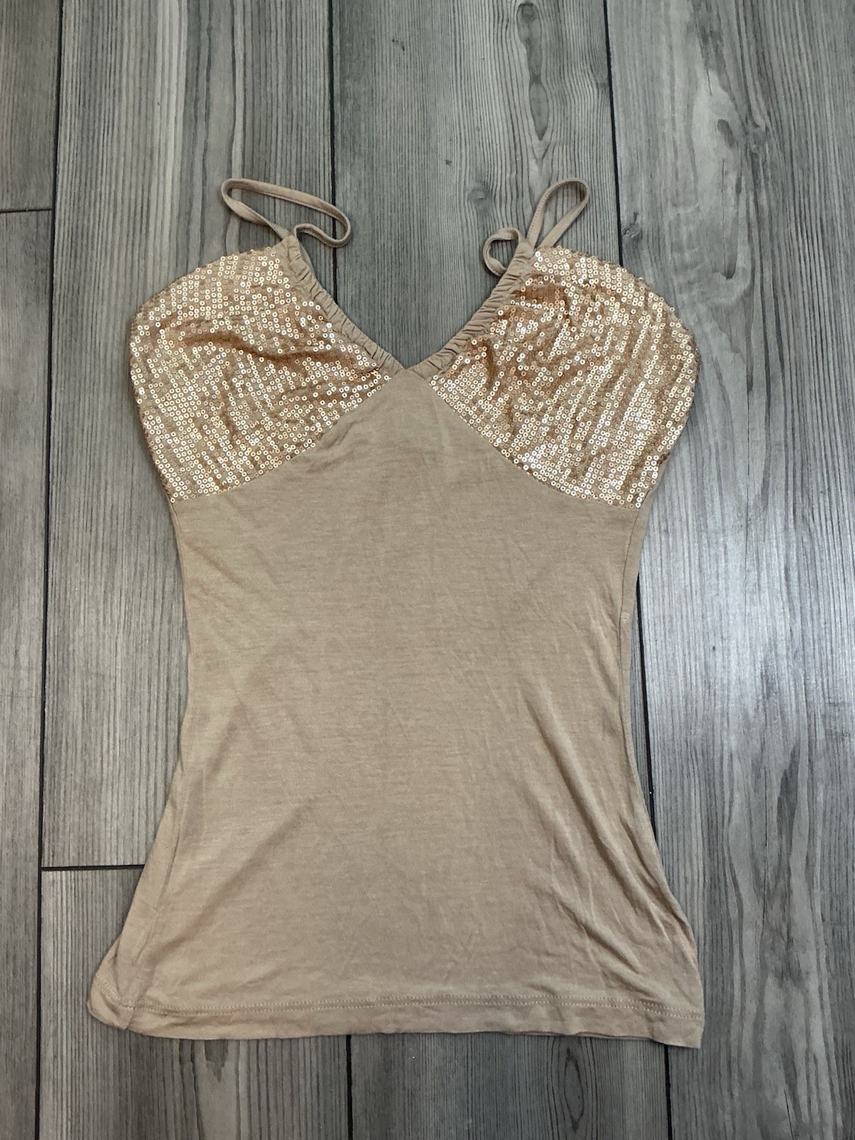 Motivi Women’s Sequin Trim Camisole Top Beige Nude Spaghetti Strap V-Neck Size S