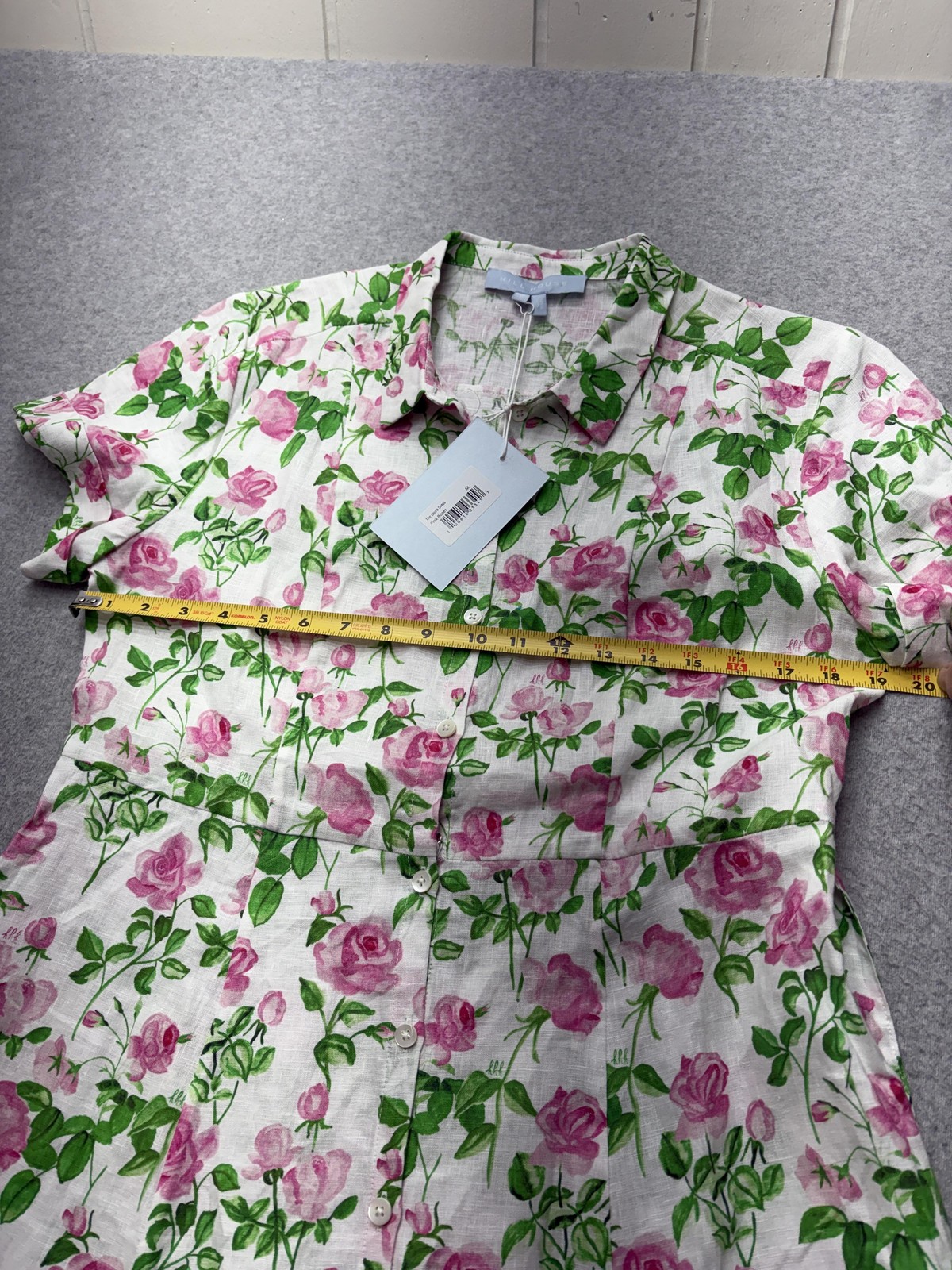 Hill House Laura Dress Womens Medium Pink Roses Linen Collared Belted Pockets