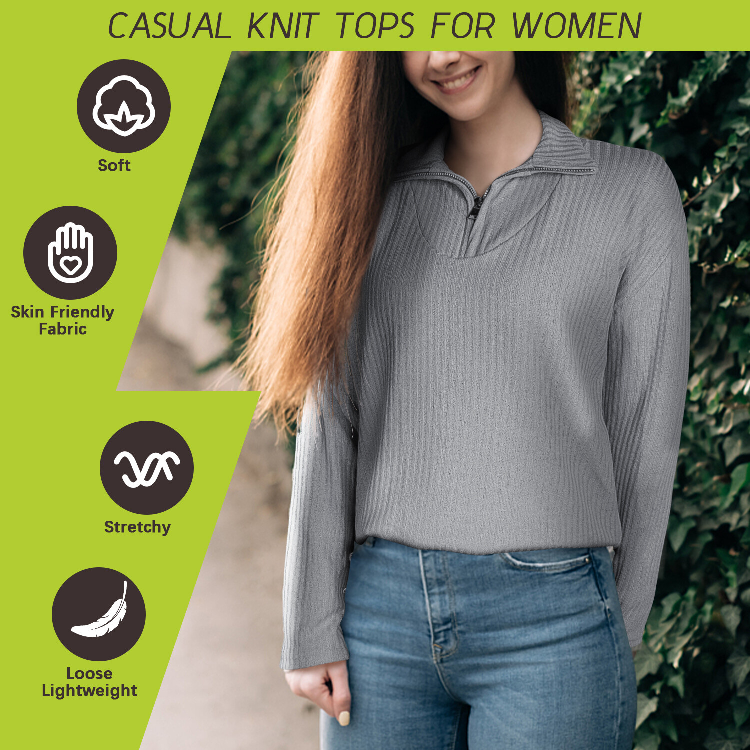 Women’s Casual Long Sleeve Half Zip Pullover Sweaters Solid V Neck Collar Top