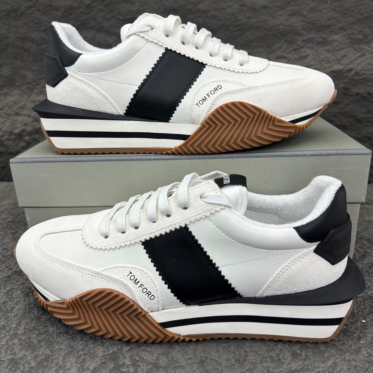 Tom Ford Men’s White Black Stripe Gum Sole Suede Leather Chunky Luxury Sneakers