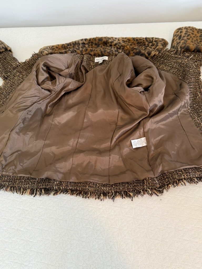 Methode Faux Fur Cheetah Leopard Brown Gold Tweed Fringe Blazer Jacket 4