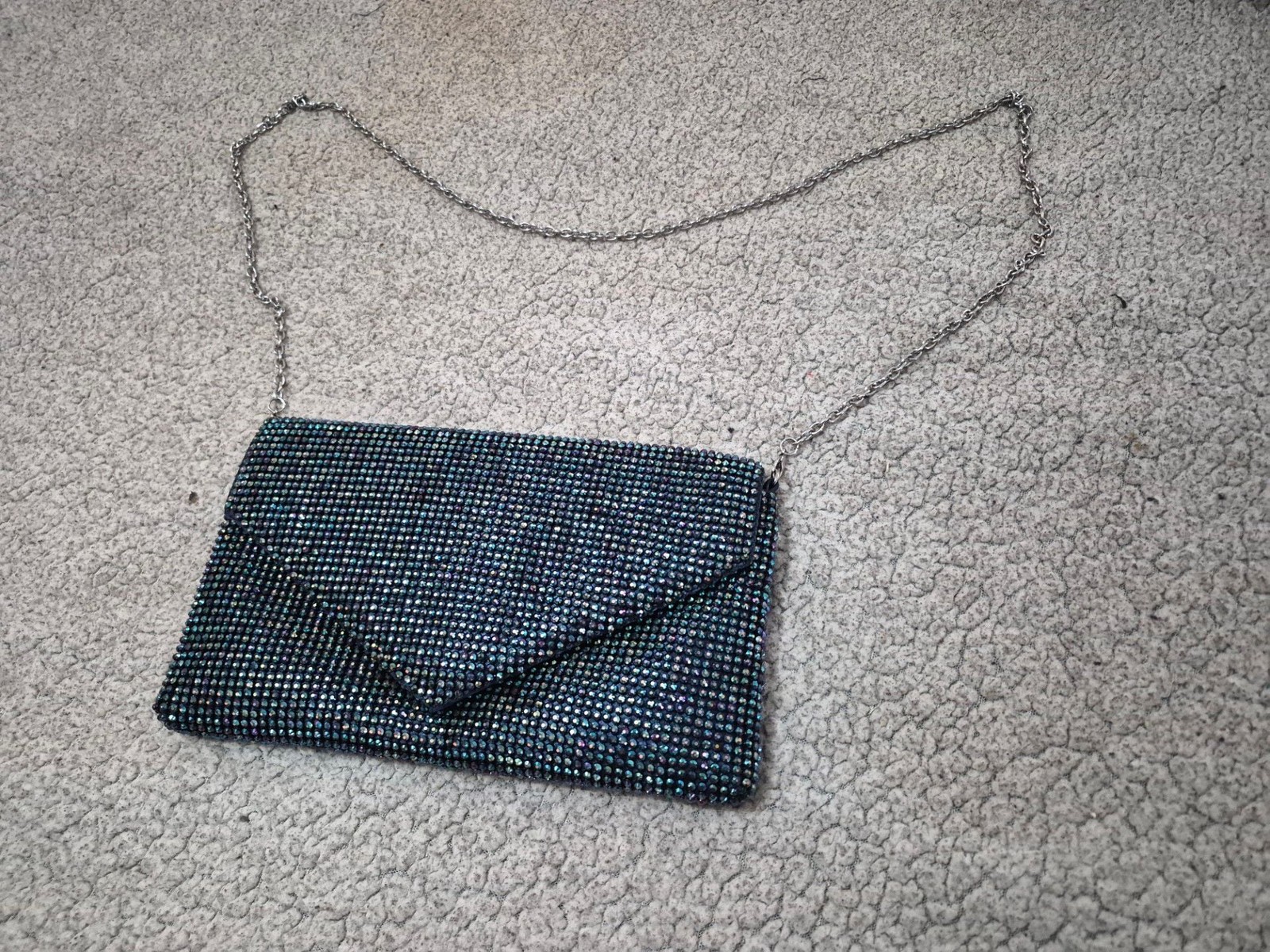 La Regale Iridescent Rhinestone Envelope Clutch with Chain Strap