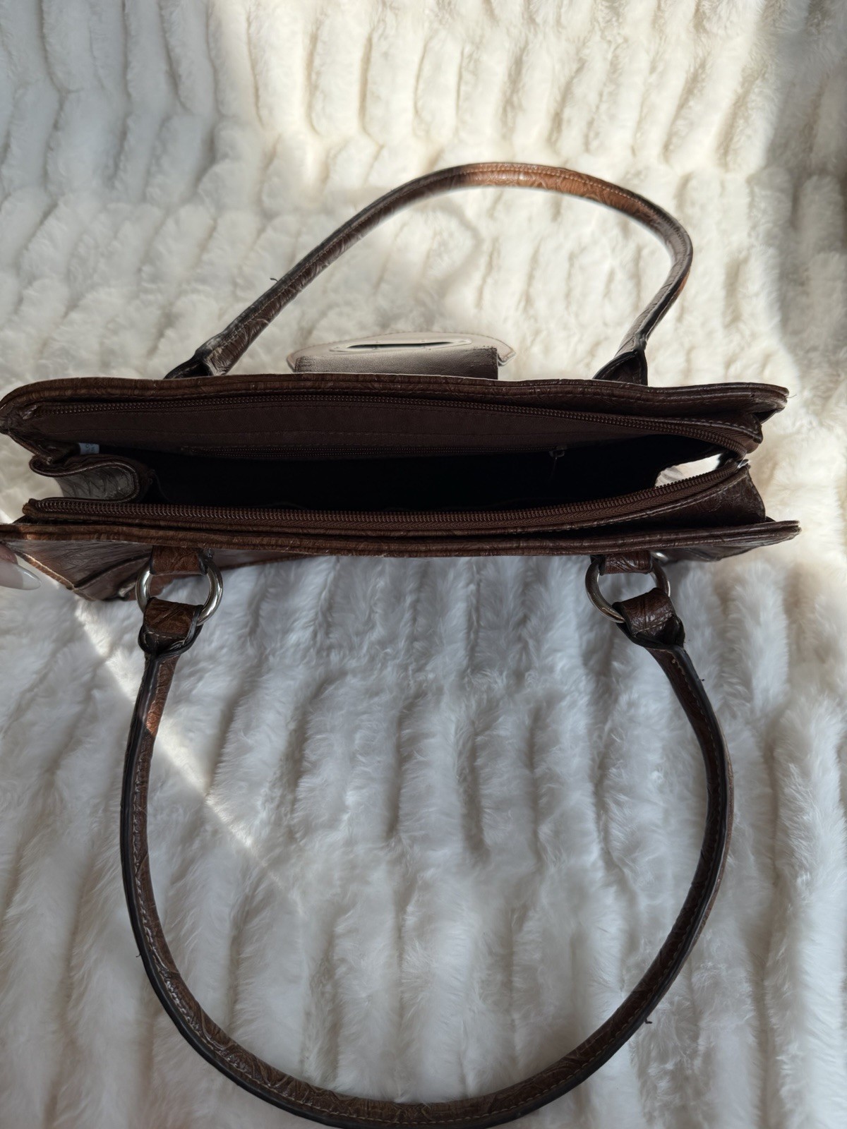 Brown Embossed Shoulder Bag Double Handles Buckle Strap Accents Magnetic Zip