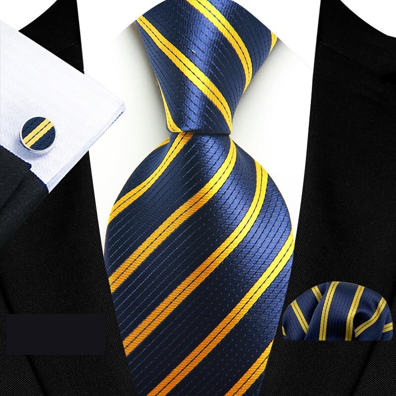 Classic Striped Yellow Blue Jacquard Silk Men’s Tie Necktie Hanky Cufflink Set