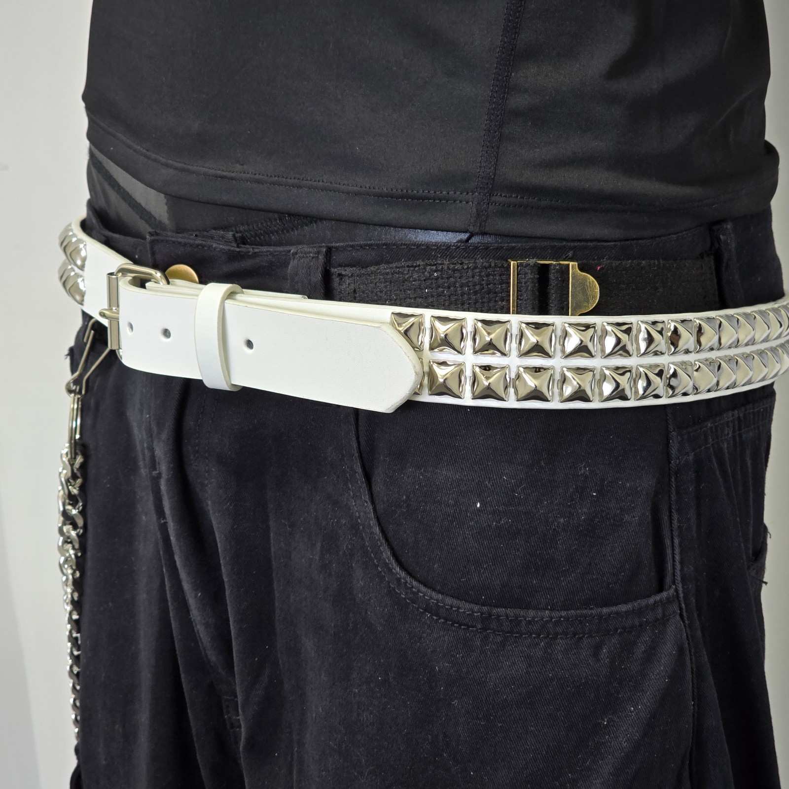 White Vegan Leather Two Row Pyramid Stud Belt Punk Goth Metal Funk Plus