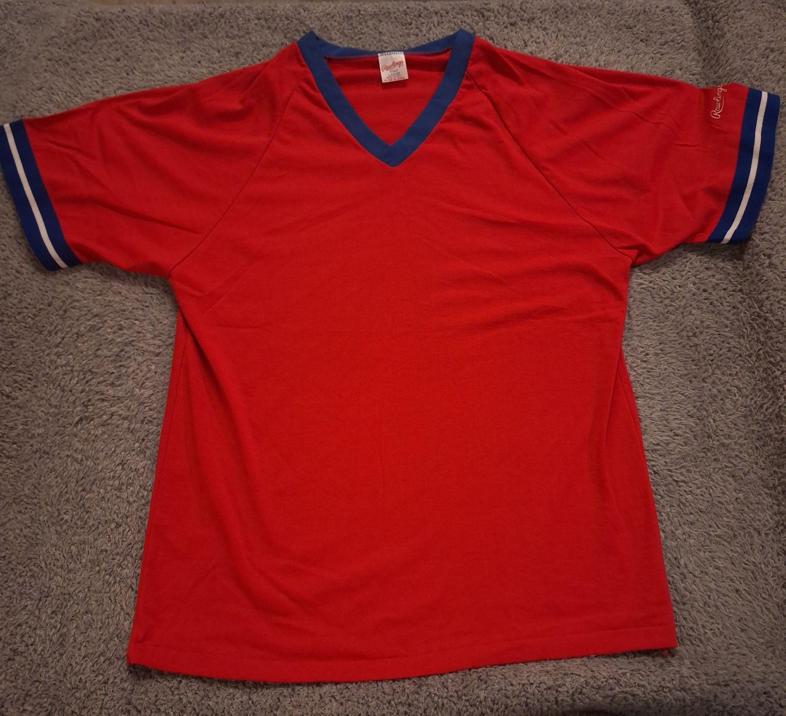 80s Rawlings Shirt Mens Large Red Ringer V Neck Raglan Short Sleeve Baseball