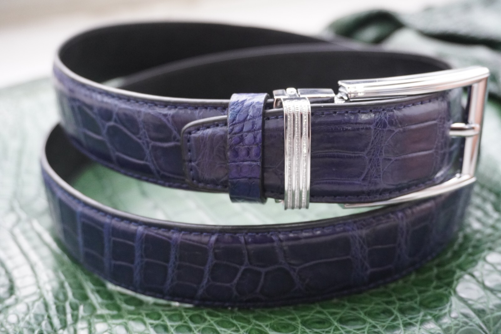 W1.3 inch Blue Real Crocodile Belly Leather Skin Men’s Belt Pin Buckle #L30