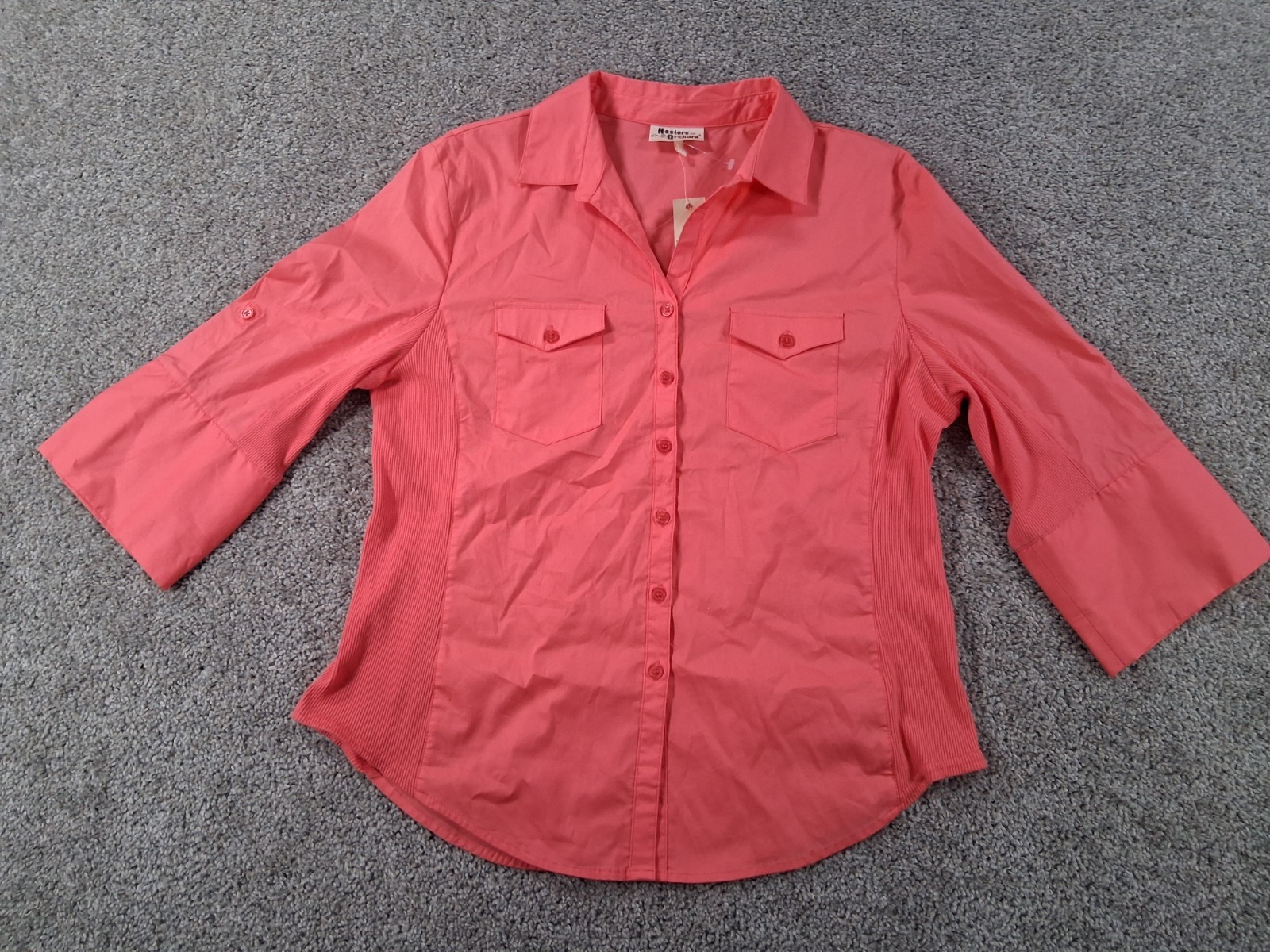 Hester & Orchard XL Womens 3/4 Sleeve Button Up Shirt Coral Roll Tab NWOT