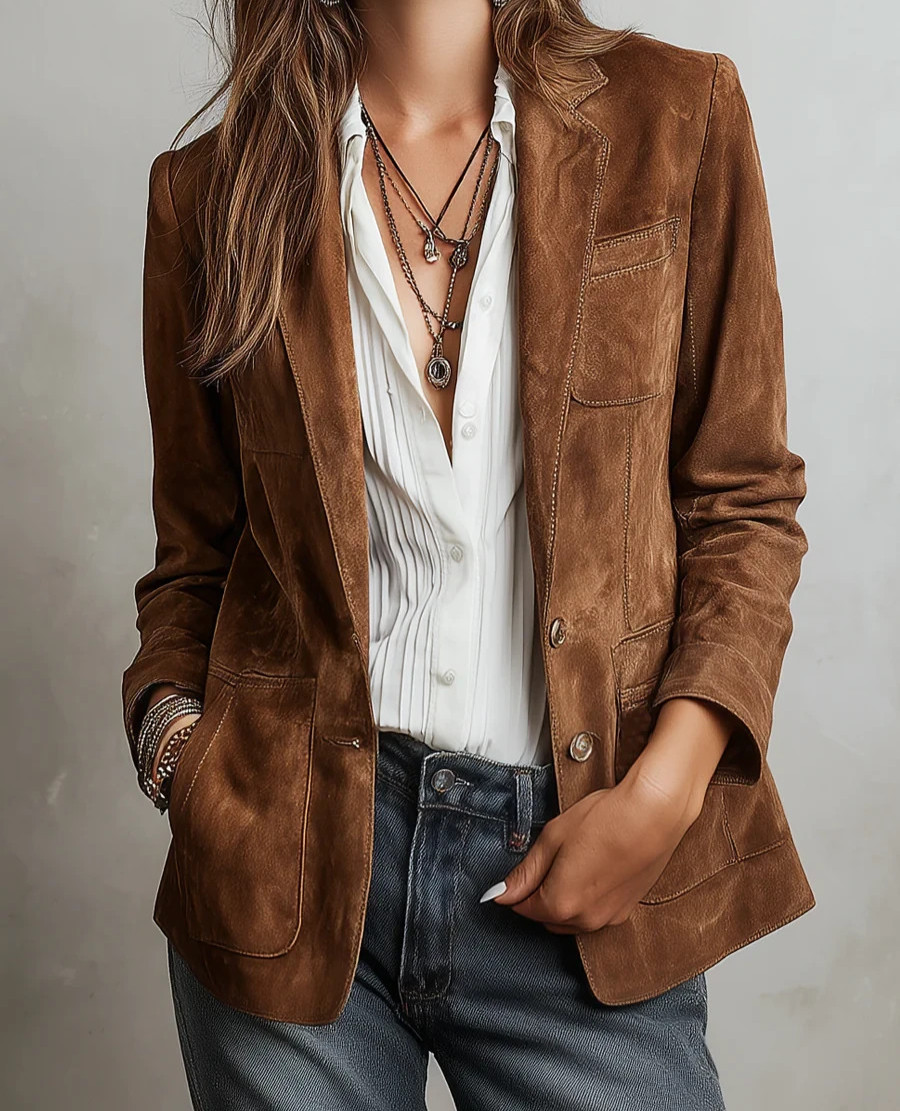 Womens Brown Pure suede Leather Jacket Blazer Casual Custom Size XS S M L XL XXL