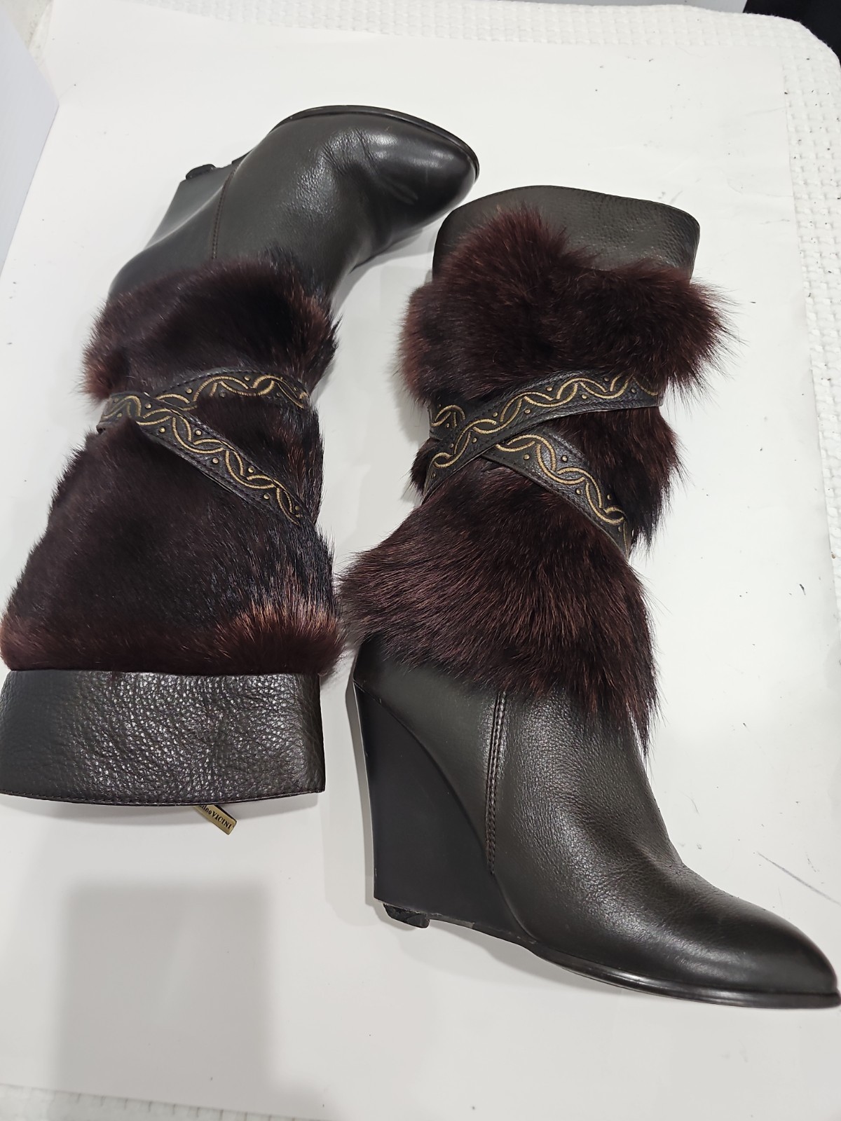 MALINO VICINI Leather & Fur Brown Boots Wedge EU 37 US 7