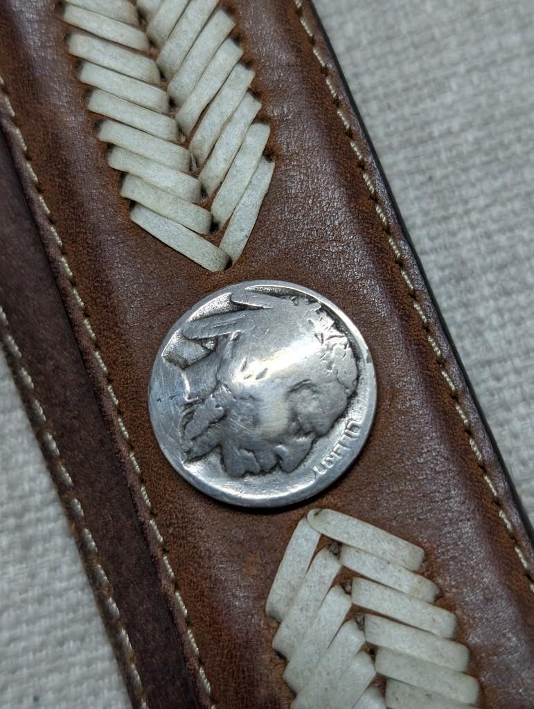 vintage NATIVE AMERICAN buckle belt 38 leather INDIAN HEAD buffalo nickel CONCHO