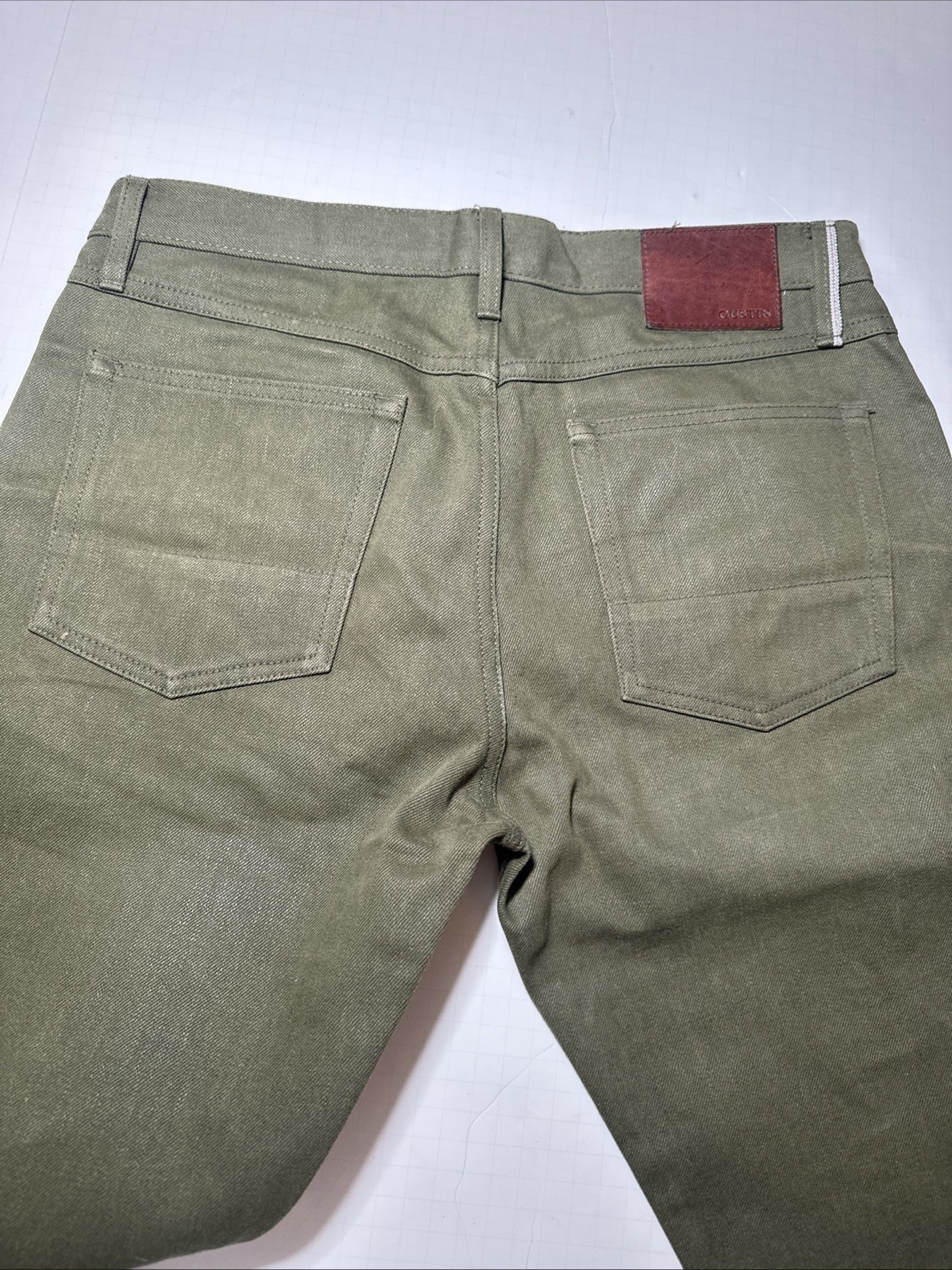 Gustin Mens Slim Fit Raw Selvedge Jeans Olive Green Size 34 x34 Made n USA Denim