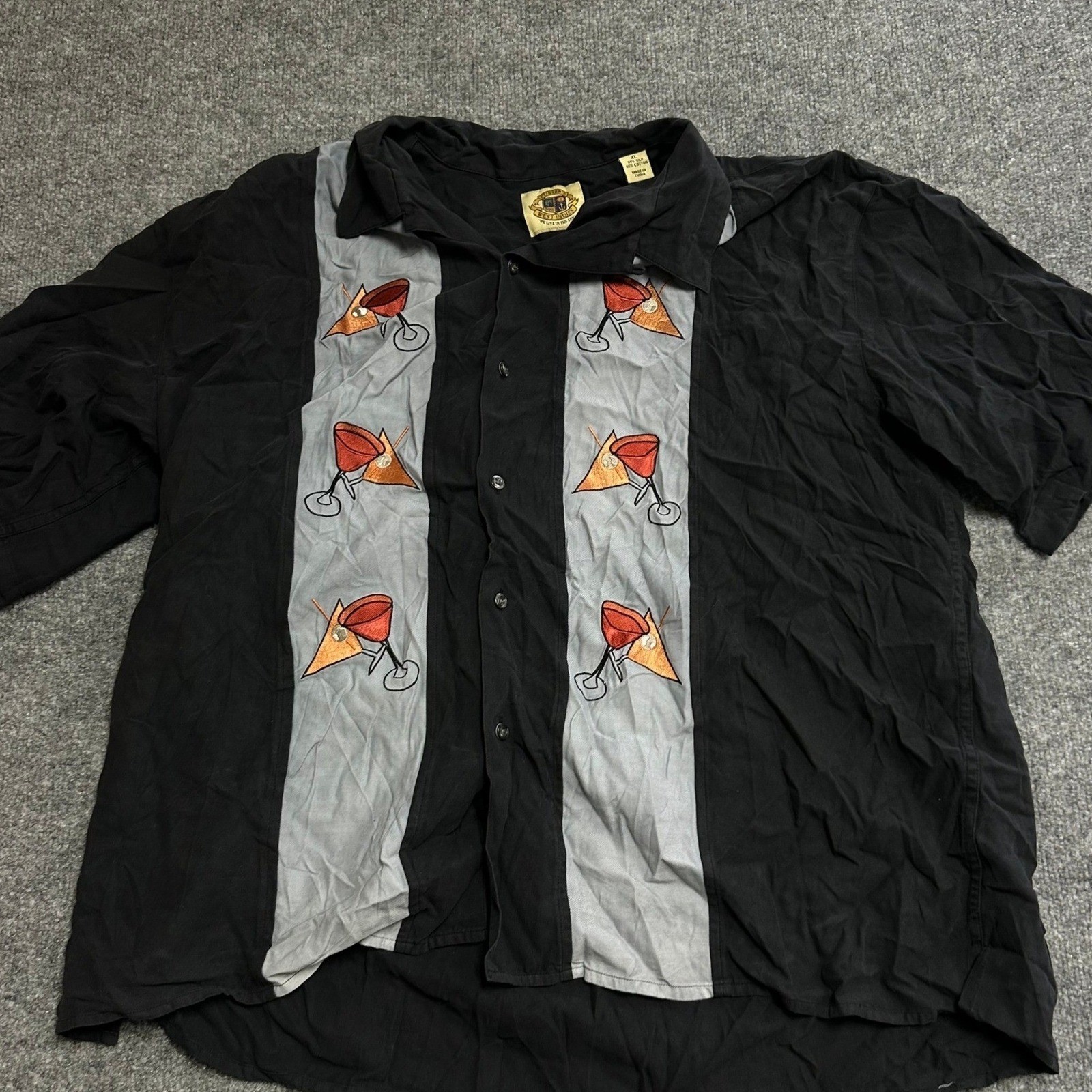 Pusser’s Button Up Shirt Mens XL Black Silk Cotton Embroidered Cocktail Tropical