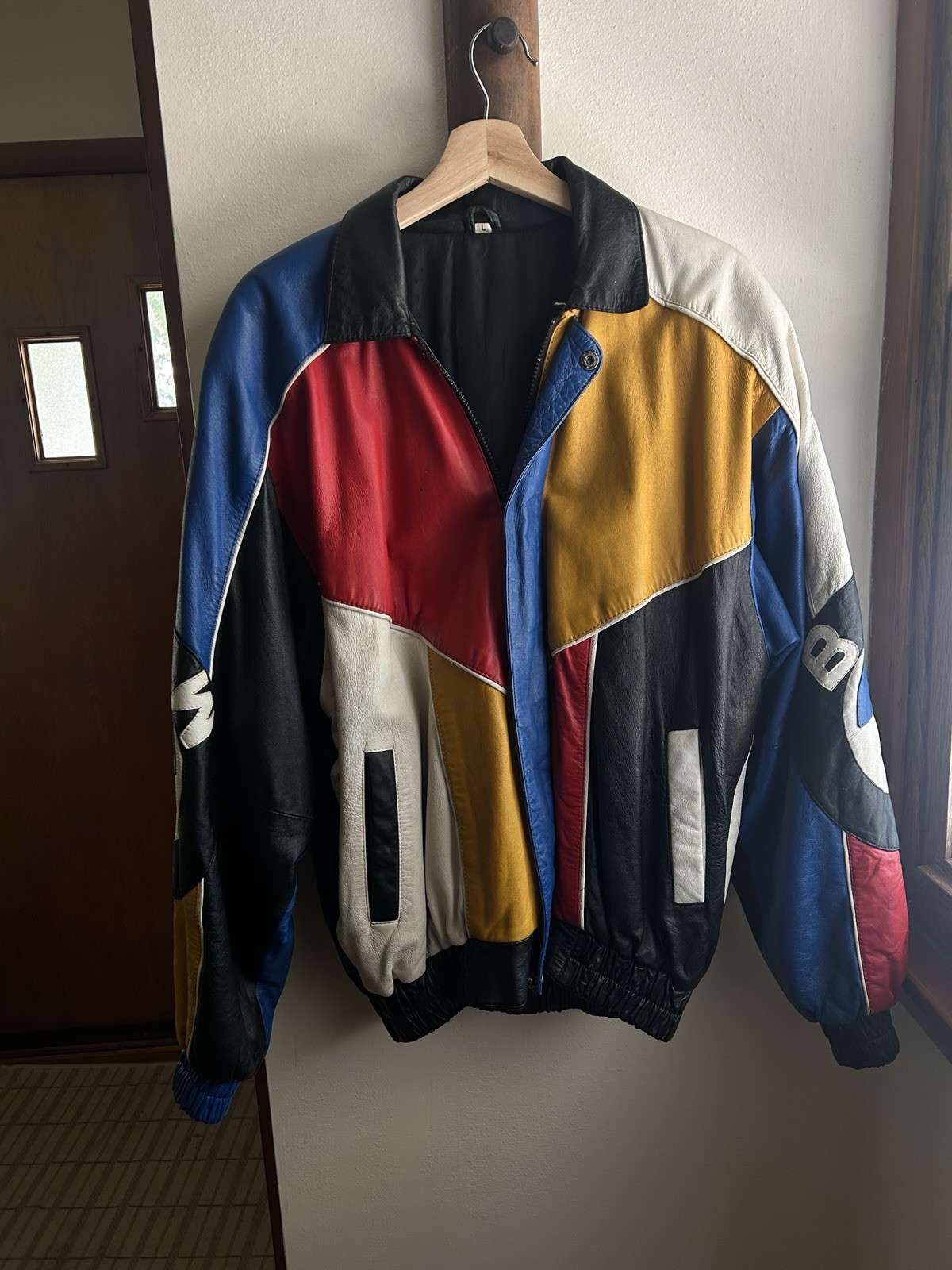 Vintage 80s/90s BMW Multi-Color Leather Racing Jacket Hip Hop 8 Ball Size M