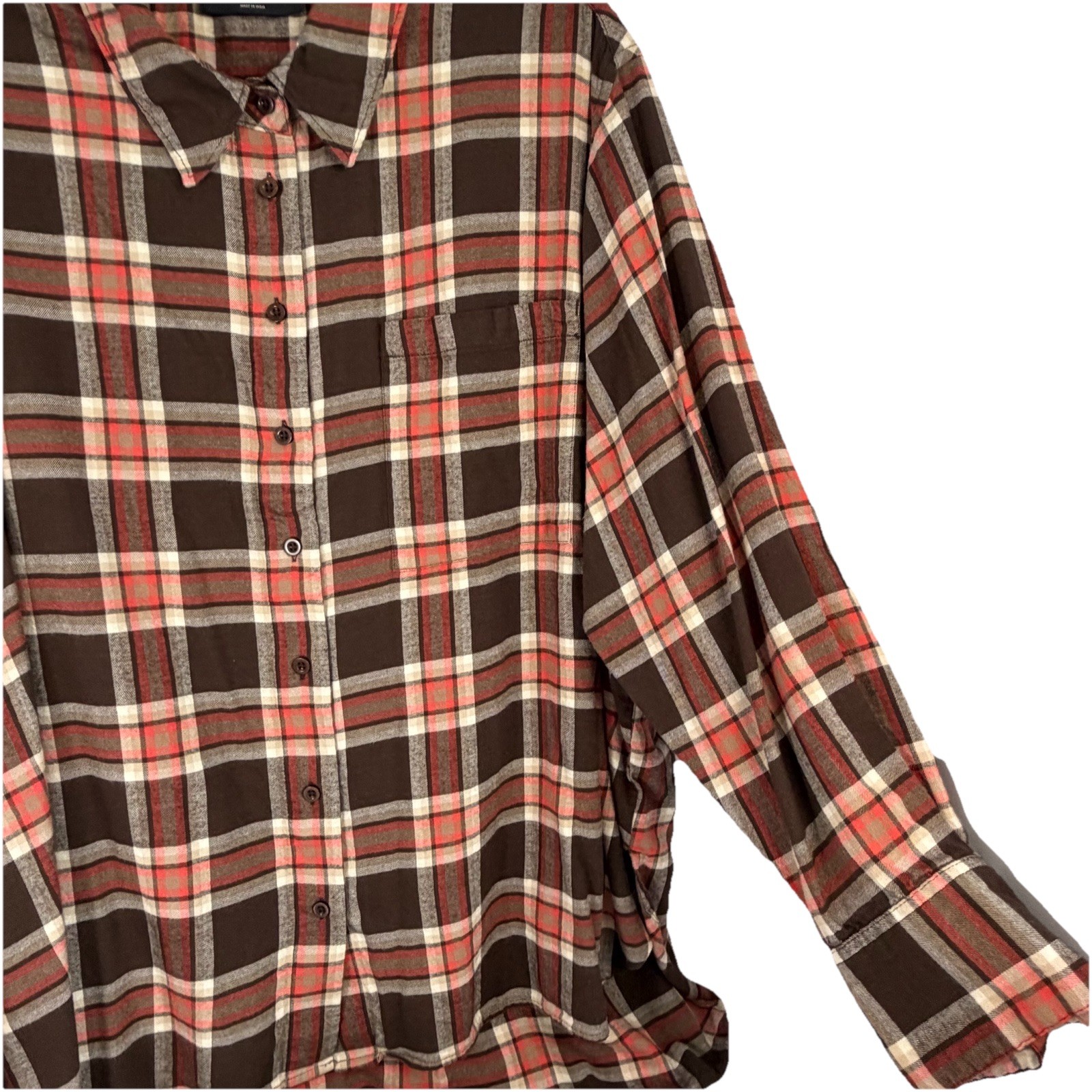 Lane Bryant 26/28 Brown Orange Plaid Tunic Shirt Soft Flannel Feel