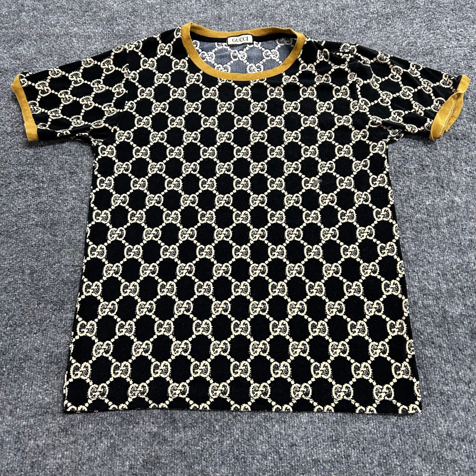 Gucci T-Shirt Mens Size L Black Gold Monogram GG Print Ringer Luxury Designer