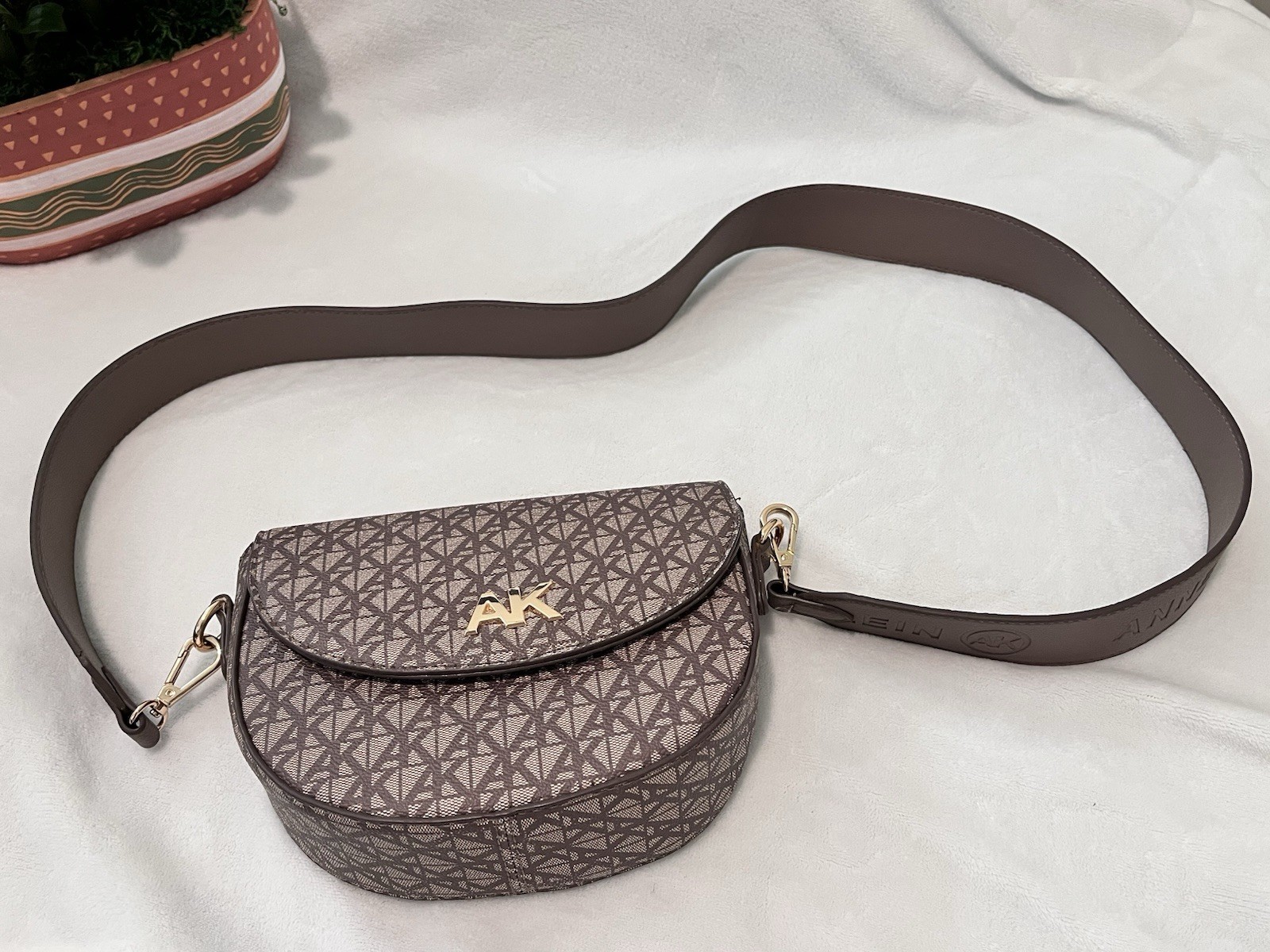 Anne Klein Brown Logo Print Crescent Crossbody Bag Zip Closure Gold Hardware