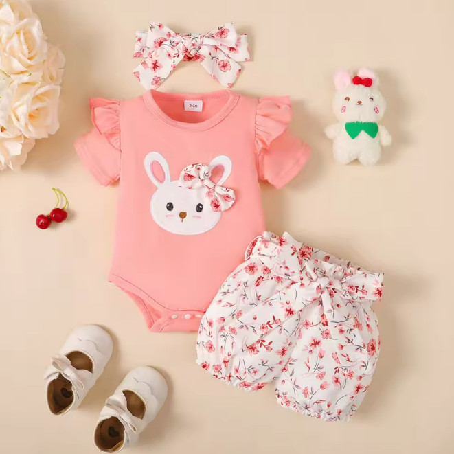 Baby Girl Ruffled Sleeve Lovely Rabbit Bodysuit+Flower Shorts+Headband Summer