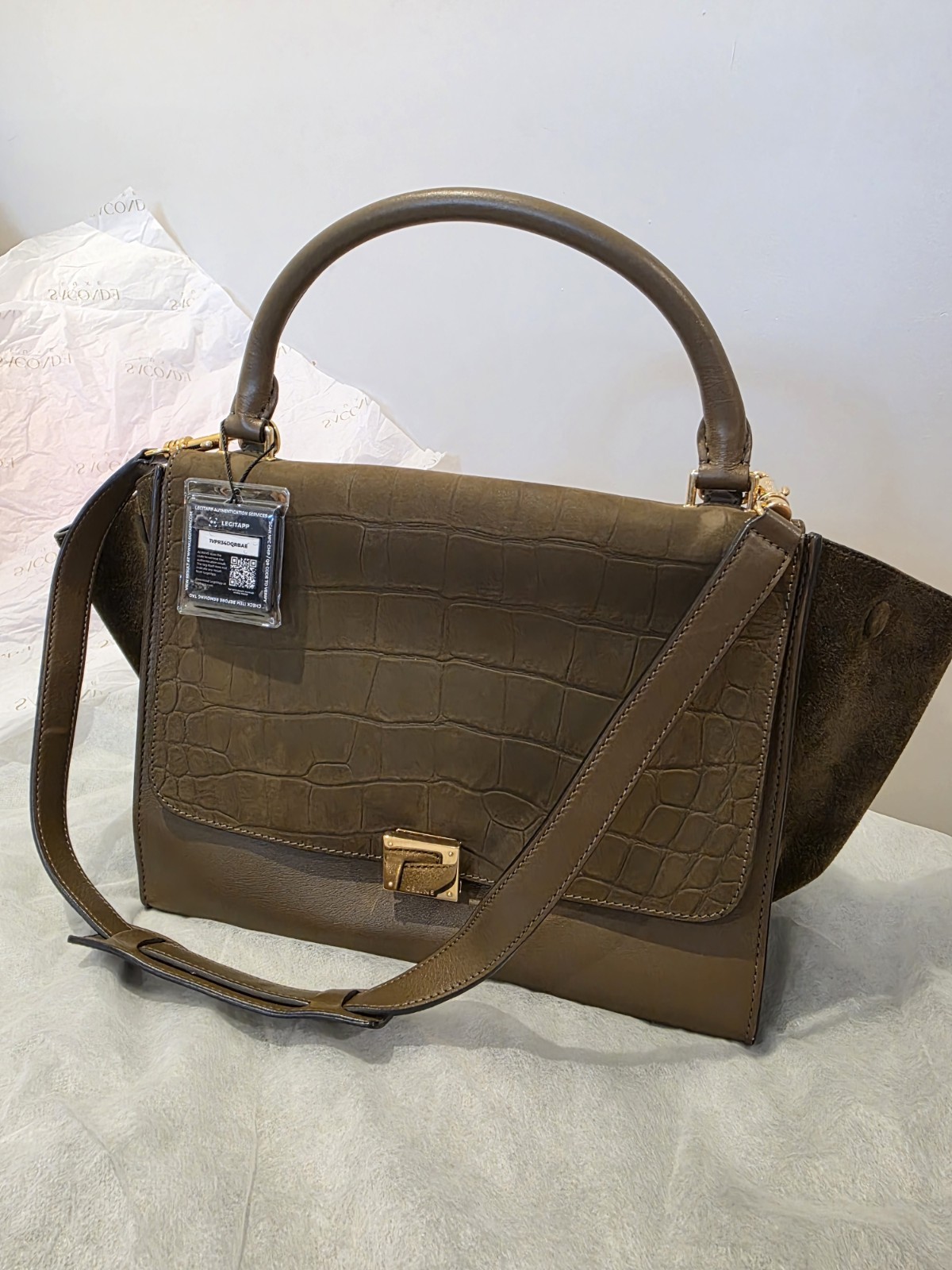 Auth CELINE Croc Leather Suede Trapeze Bag Olive Khaki Top Handle Pristine