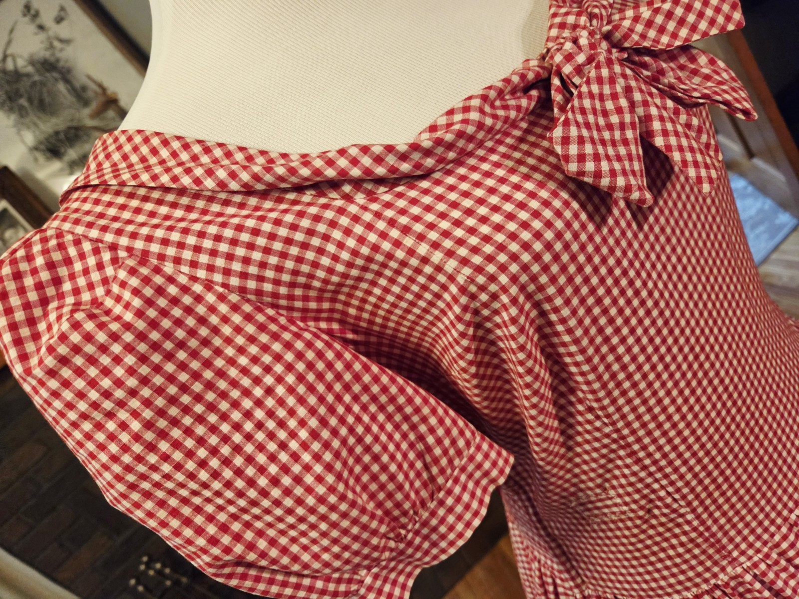 Vintage 40s 50s tiered long Red Gingham dress, Stupendous 600″ sweep! B42″, W34″