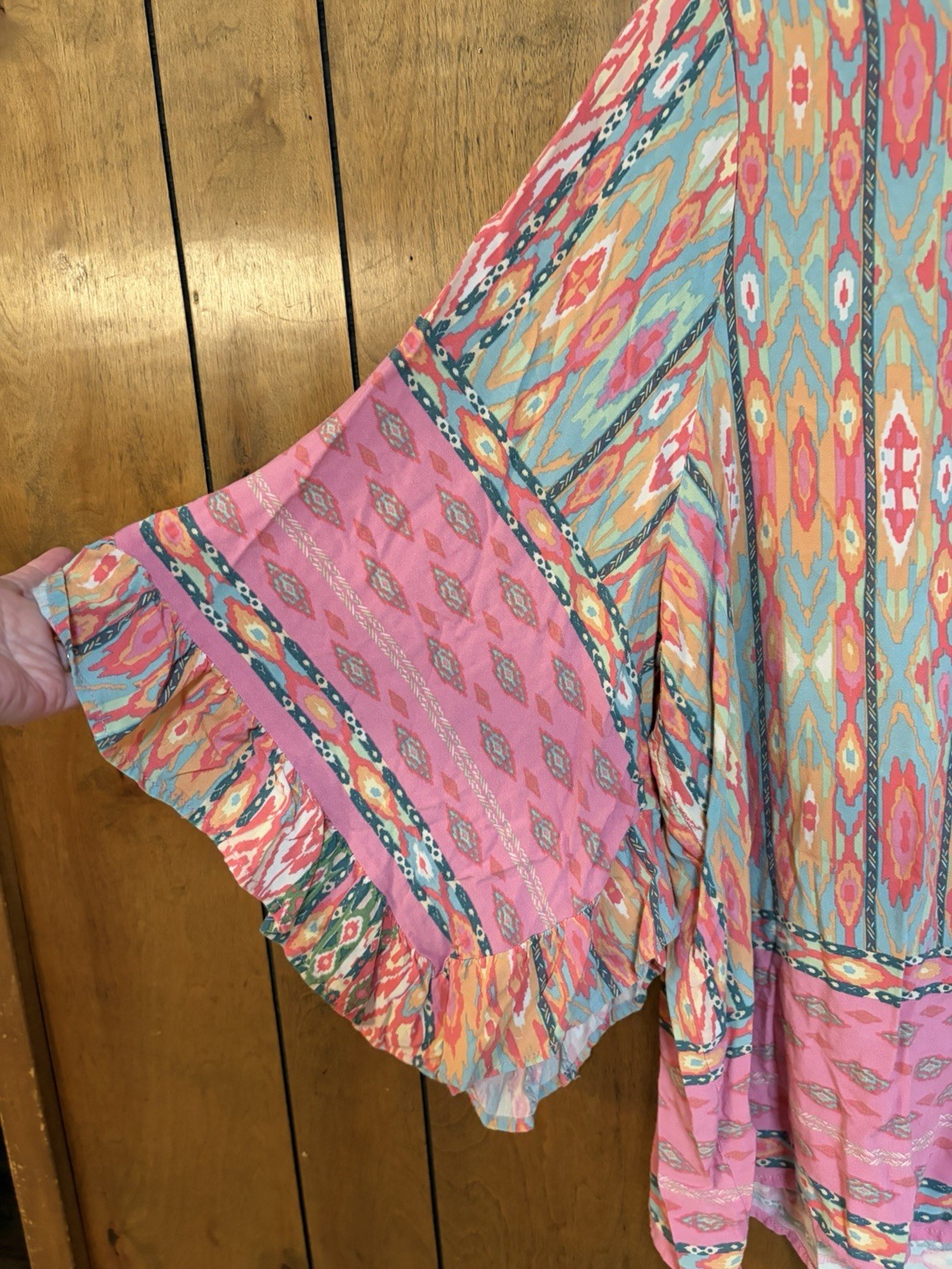 Boho Festival Pink Spring V-Neck Lightweight 3/4 Bell Sleeves Blouse