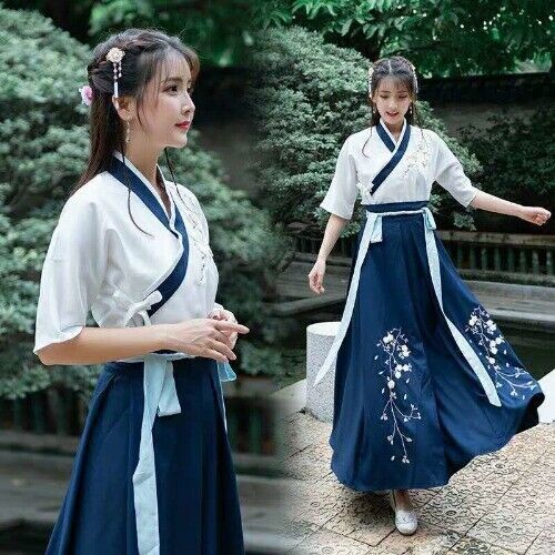 Chinese Dress Korean Hanfu White Blue Men Women Dress Cosplay Embroidery Kimono