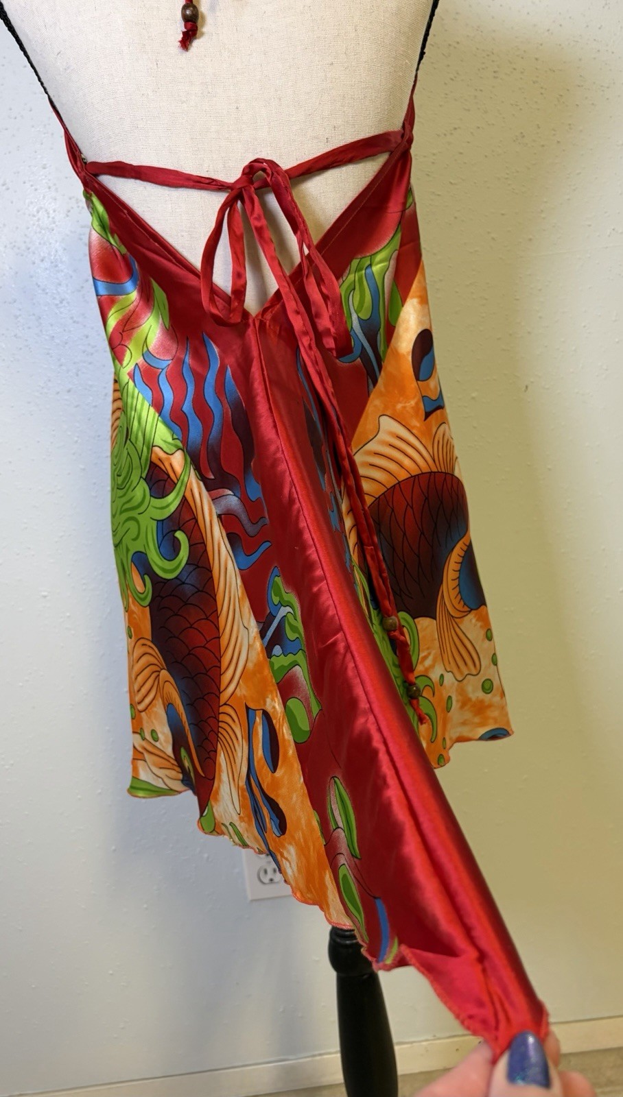 India Boutique Vibrant Flowy Koi Fish Print Halter Mini Dress One Sz Bohemian