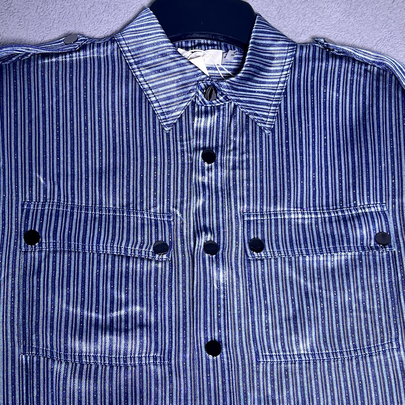 Ramy Brook Blue Striped Lurex Lia Button-Up Bomber Shirt Jacket Size XXS NWT