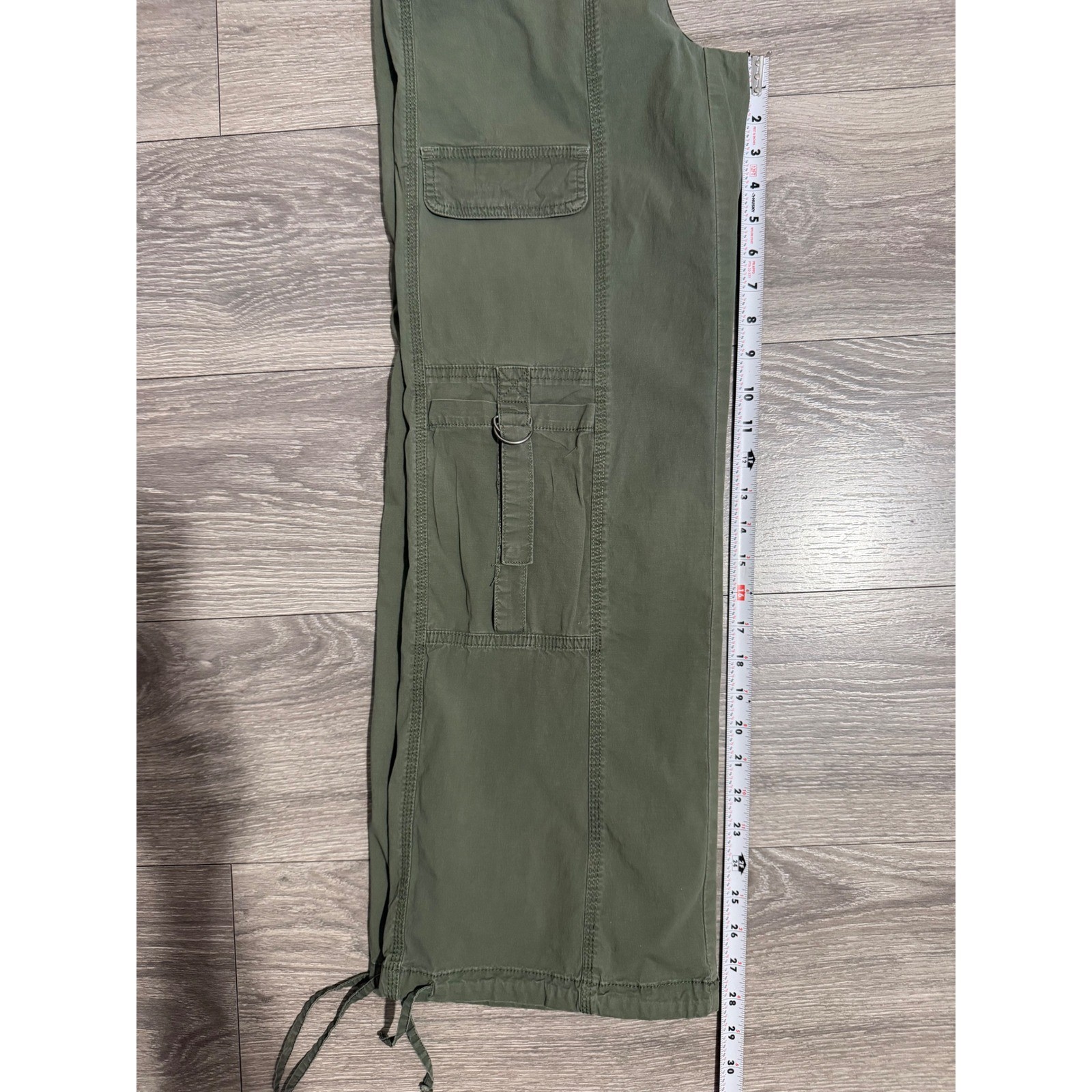Girls Olive Green Wide Leg Cargo Pants D-Ring Drawstring Size 10 Hiking Y2K