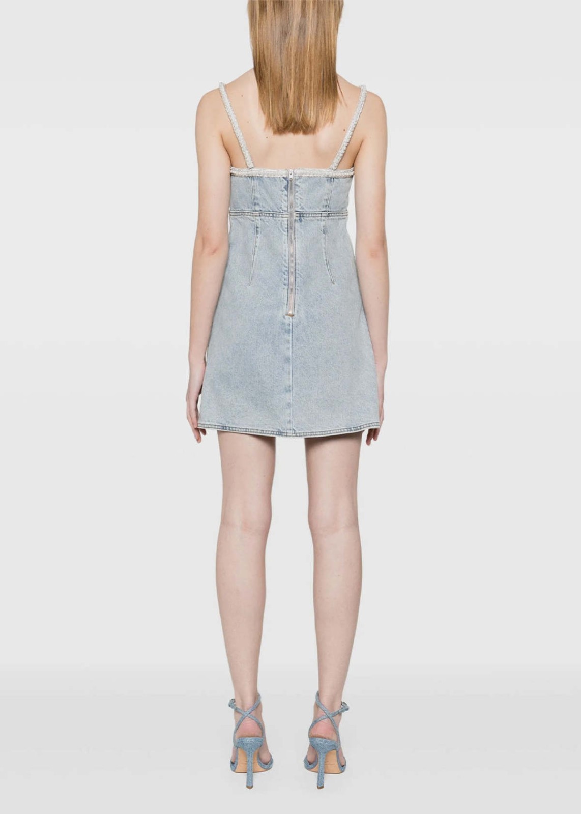 Self-Portrait LIGHT Denim RHINESTONE Pearl-Trim BOW Minidress CUTOUT SZ 8 NWT