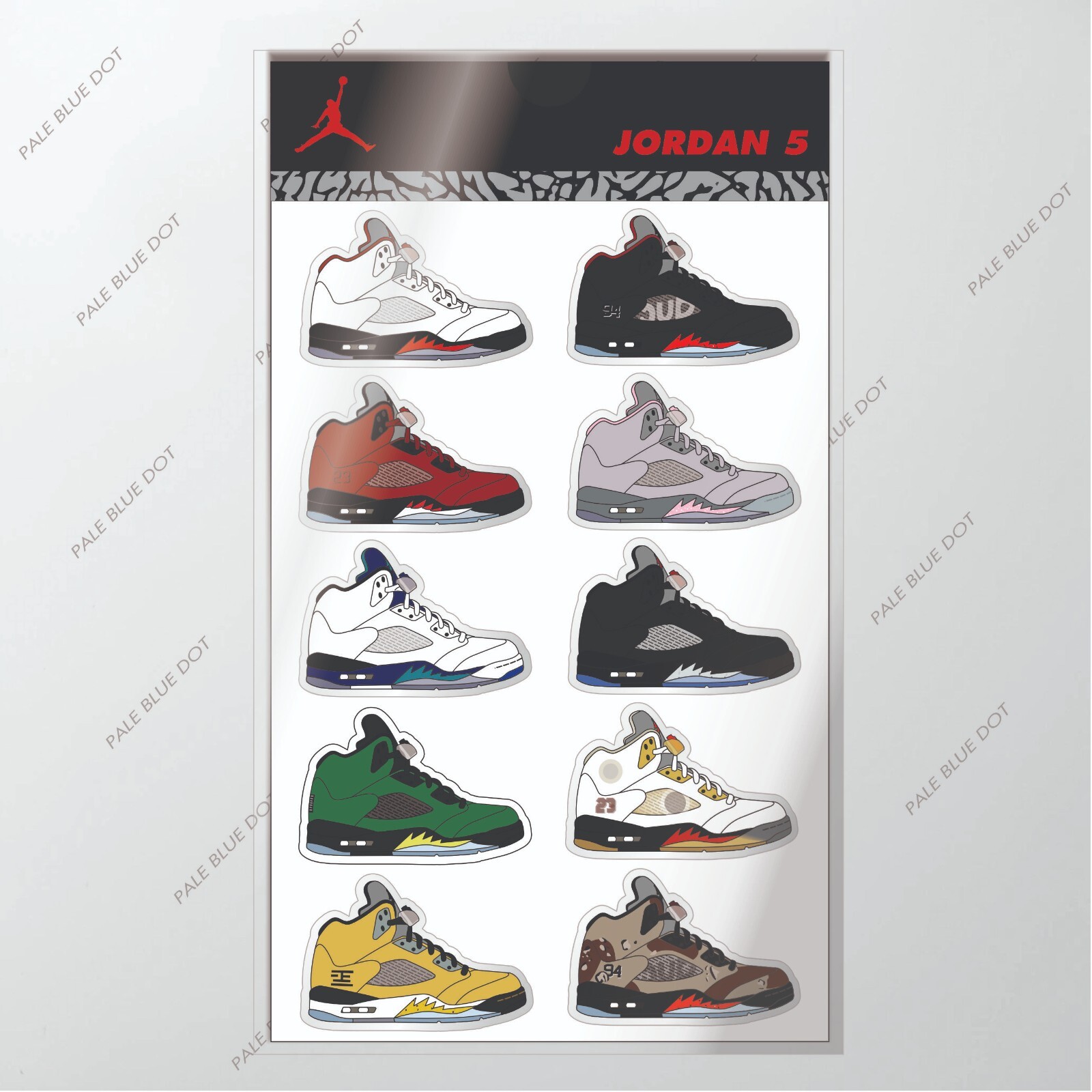 Nike Air Jordan 5’s Sneaker sticker set of 10 !! Supreme 5’s Oregon Raging bulls