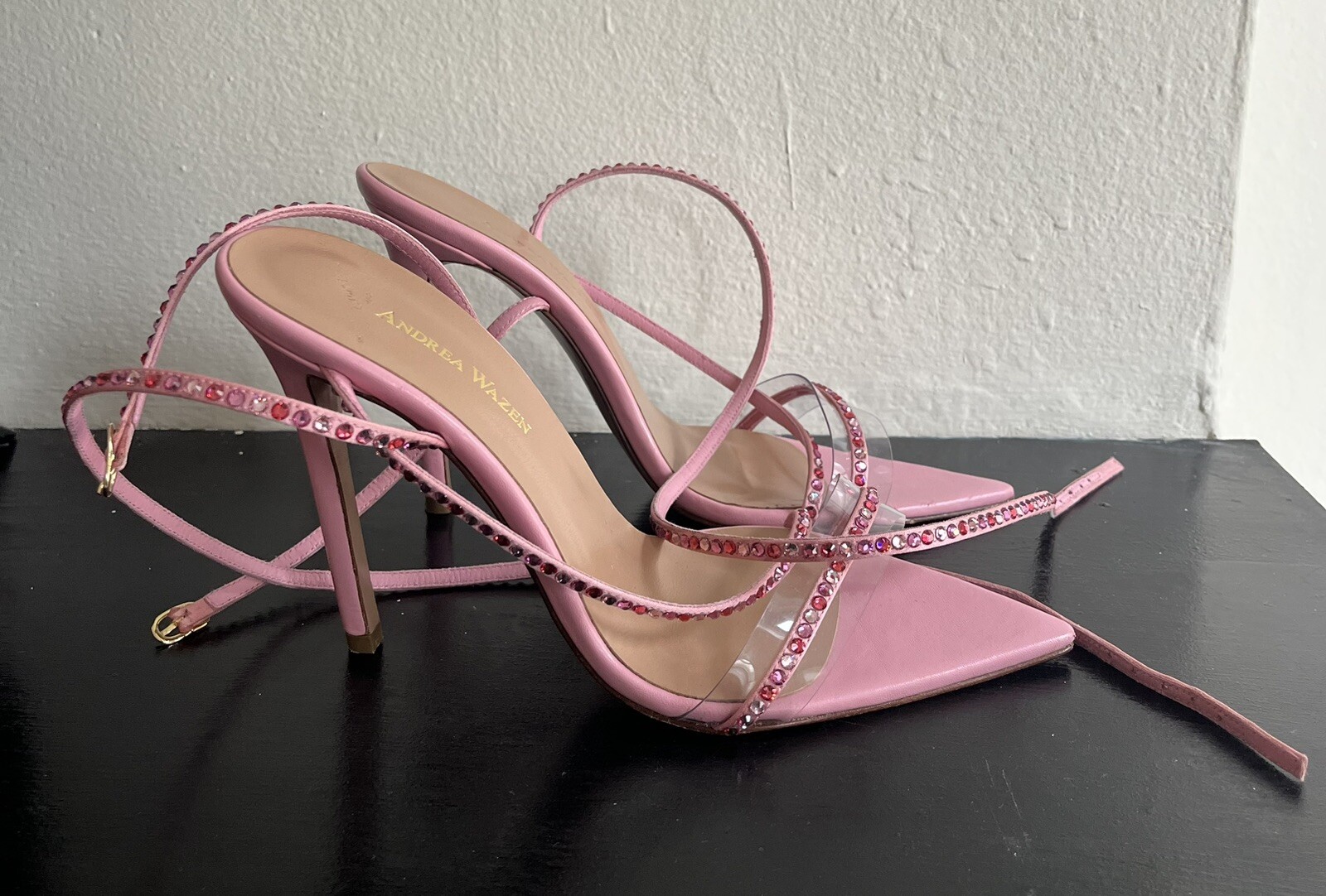 Andrea Wazen Dassy Crystal Pink Leather Heeled Satin Sandals Size 39