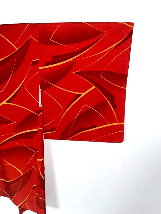 VINTAGE Unused Haori Kimono Jacket Geometric Scarlet M Yuki 26in Unlined Japan